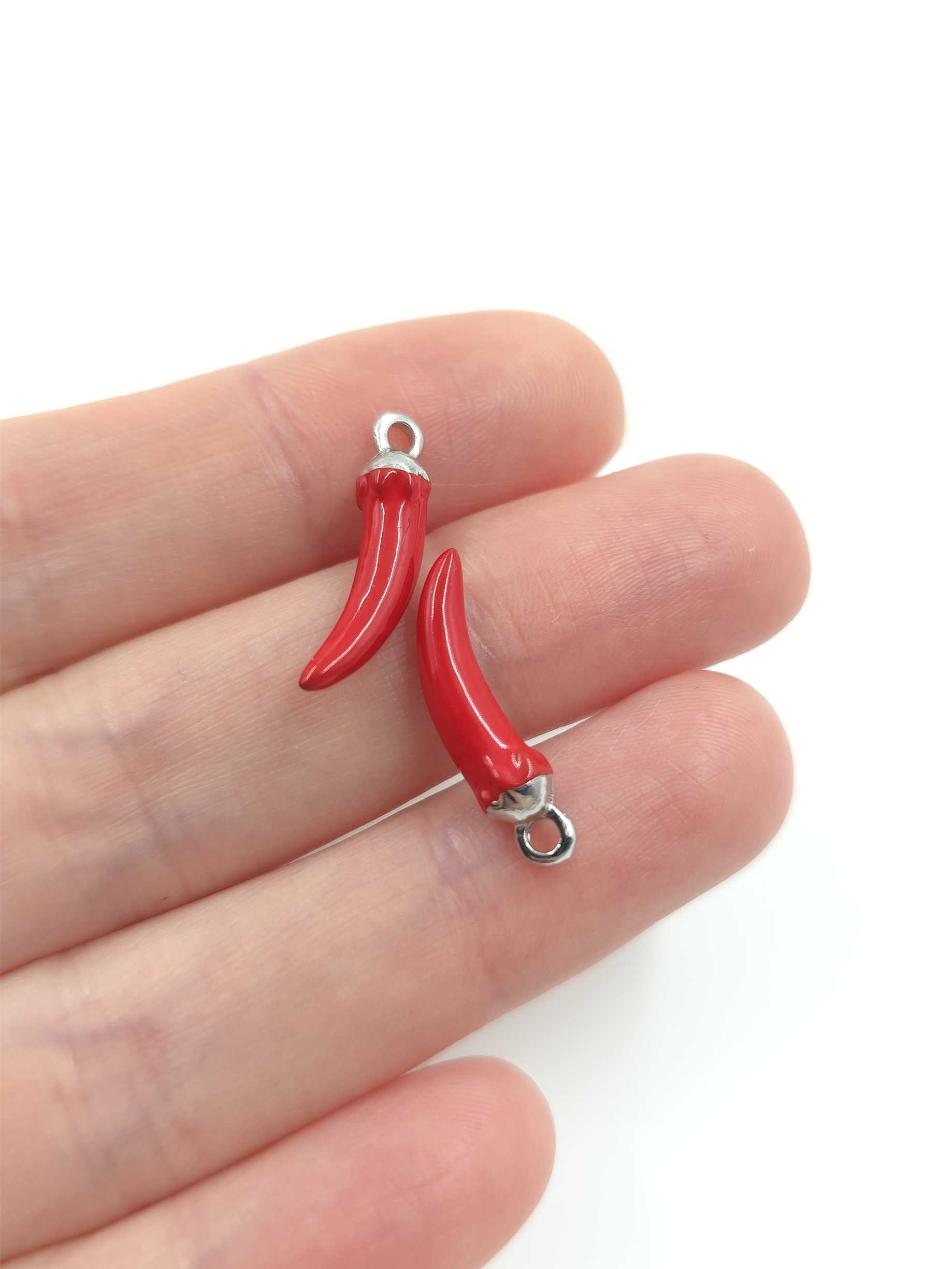 4 x Enamelled Red Chilli Pepper Charms with Silver Loops, 20x5mm