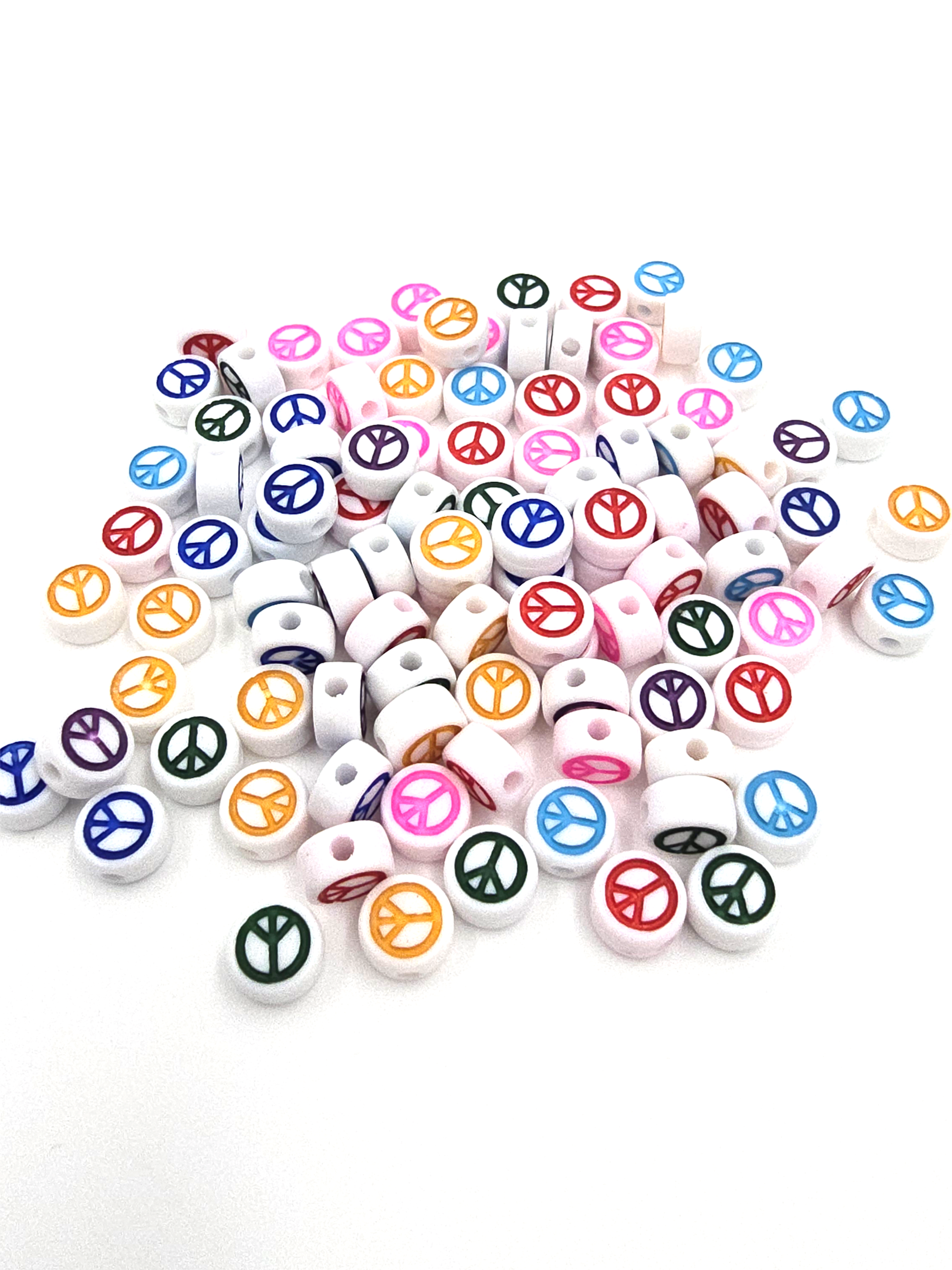 100 x Opaque White Flat Round Acrylic Beads with Colourful Peace Pattern, 7x4mm