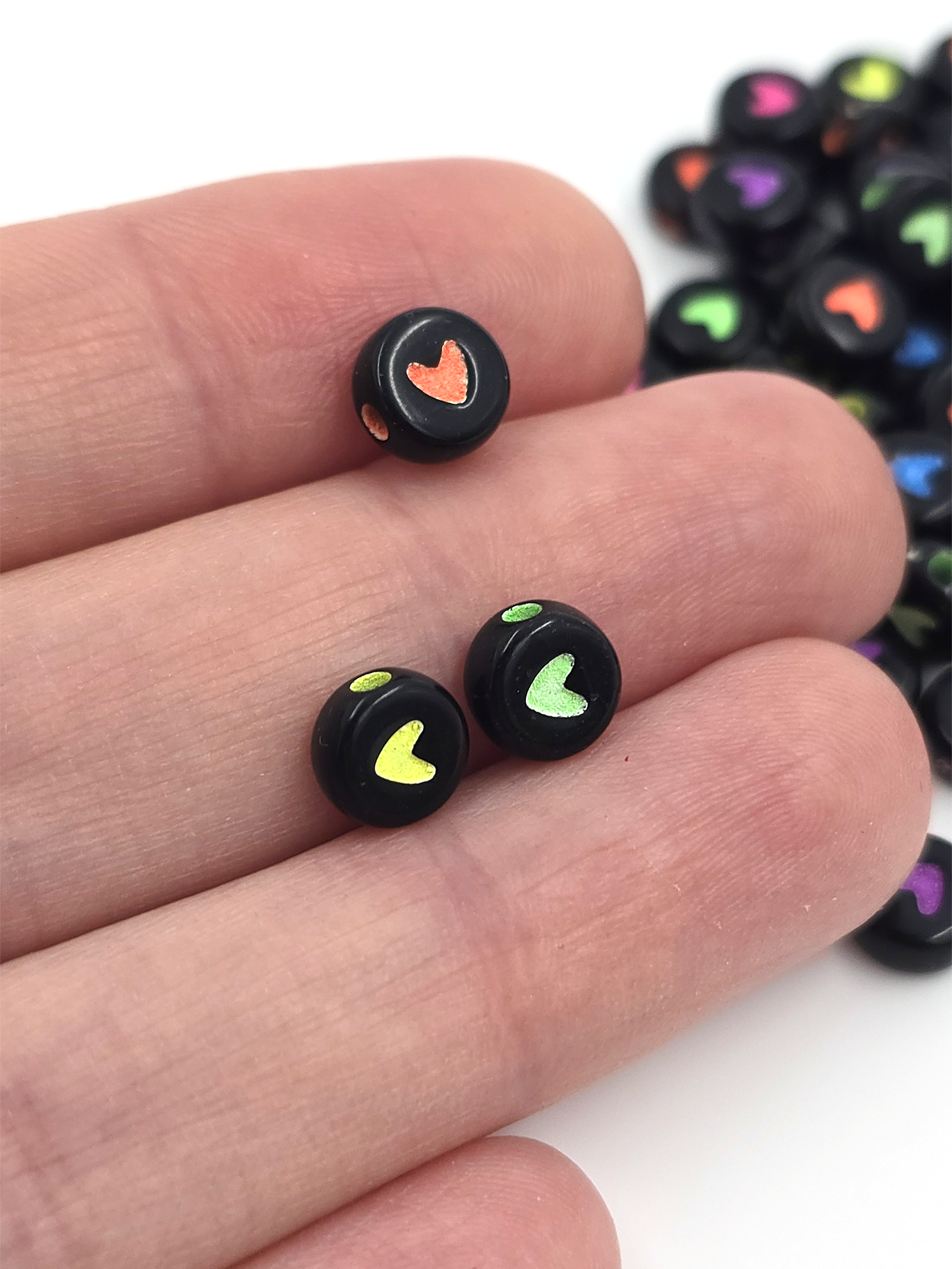 100 x Opaque Black Flat Round Acrylic Beads with Neon Heart Pattern, 7x4mm