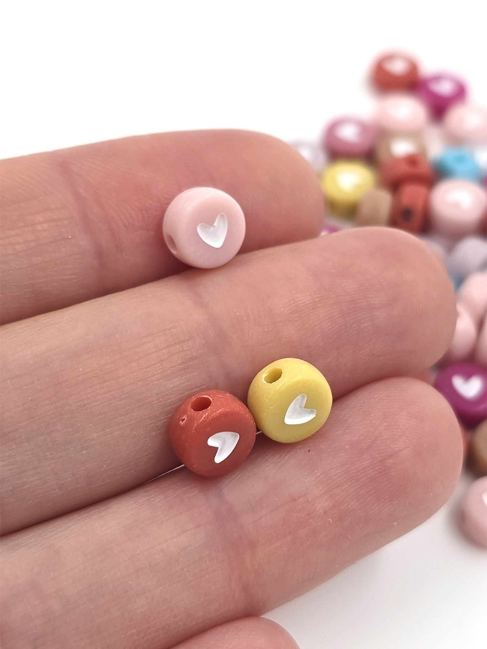 100 x Pastel Shades Flat Round Acrylic Beads with Heart Pattern, 7x4mm