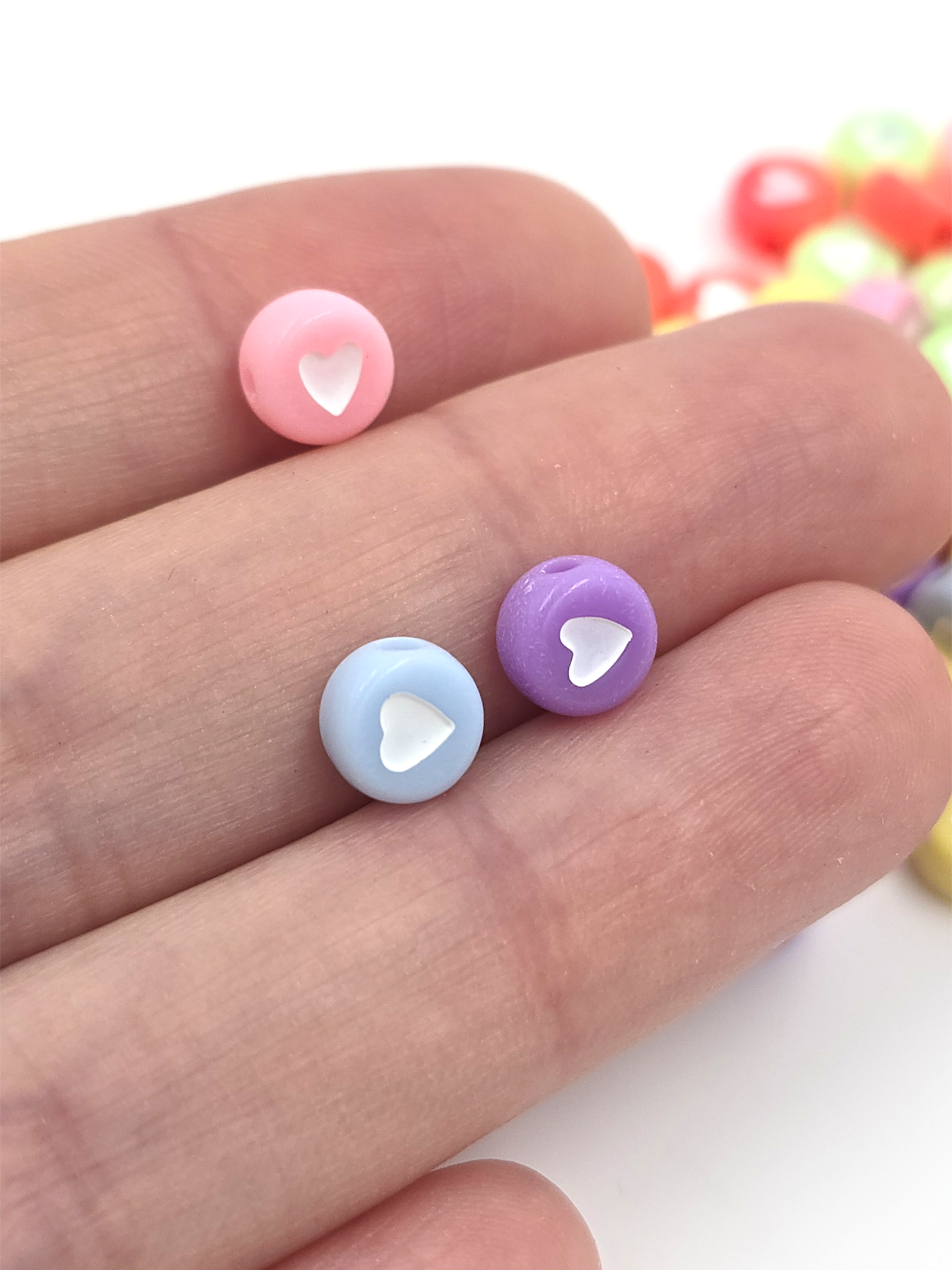 100 x Colourful Flat Round Acrylic Beads with Heart Pattern, 7x4mm