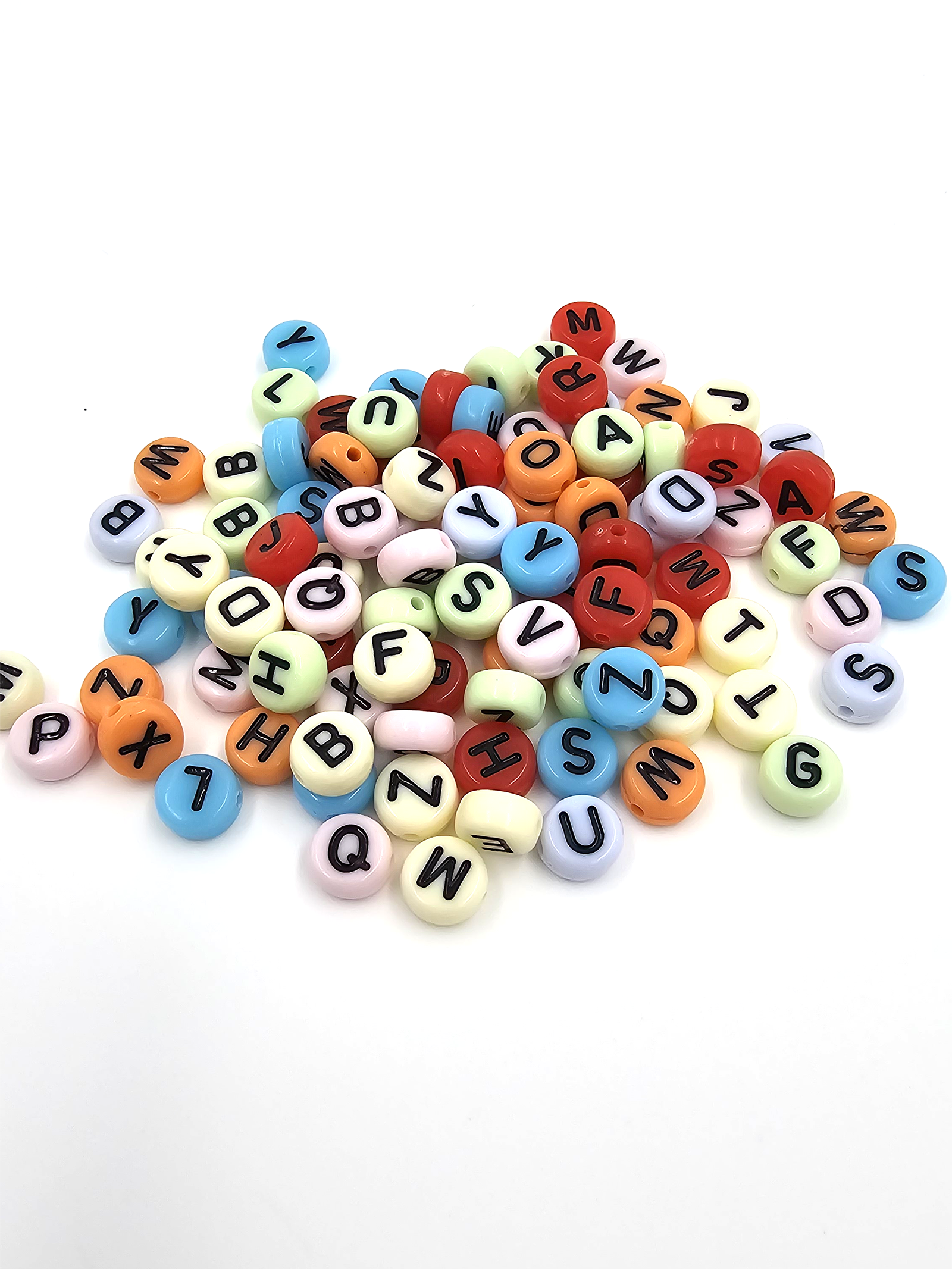 100 x Colourful Flat Round Alphabet Beads with Black Letters, 7x4mm