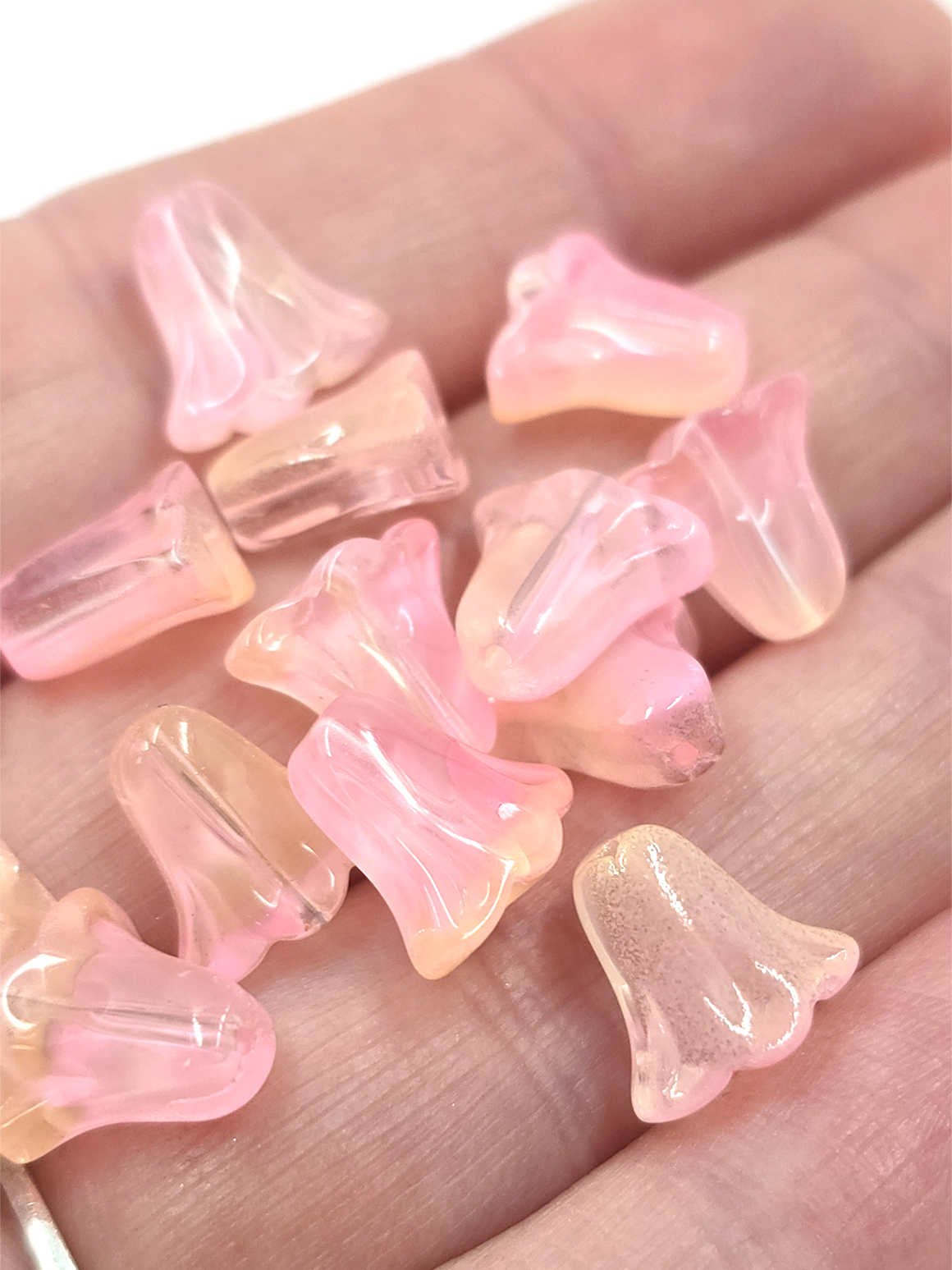 10 x Bell Shaped Pink to Yellow Glass Flower Beads, 10x10mm