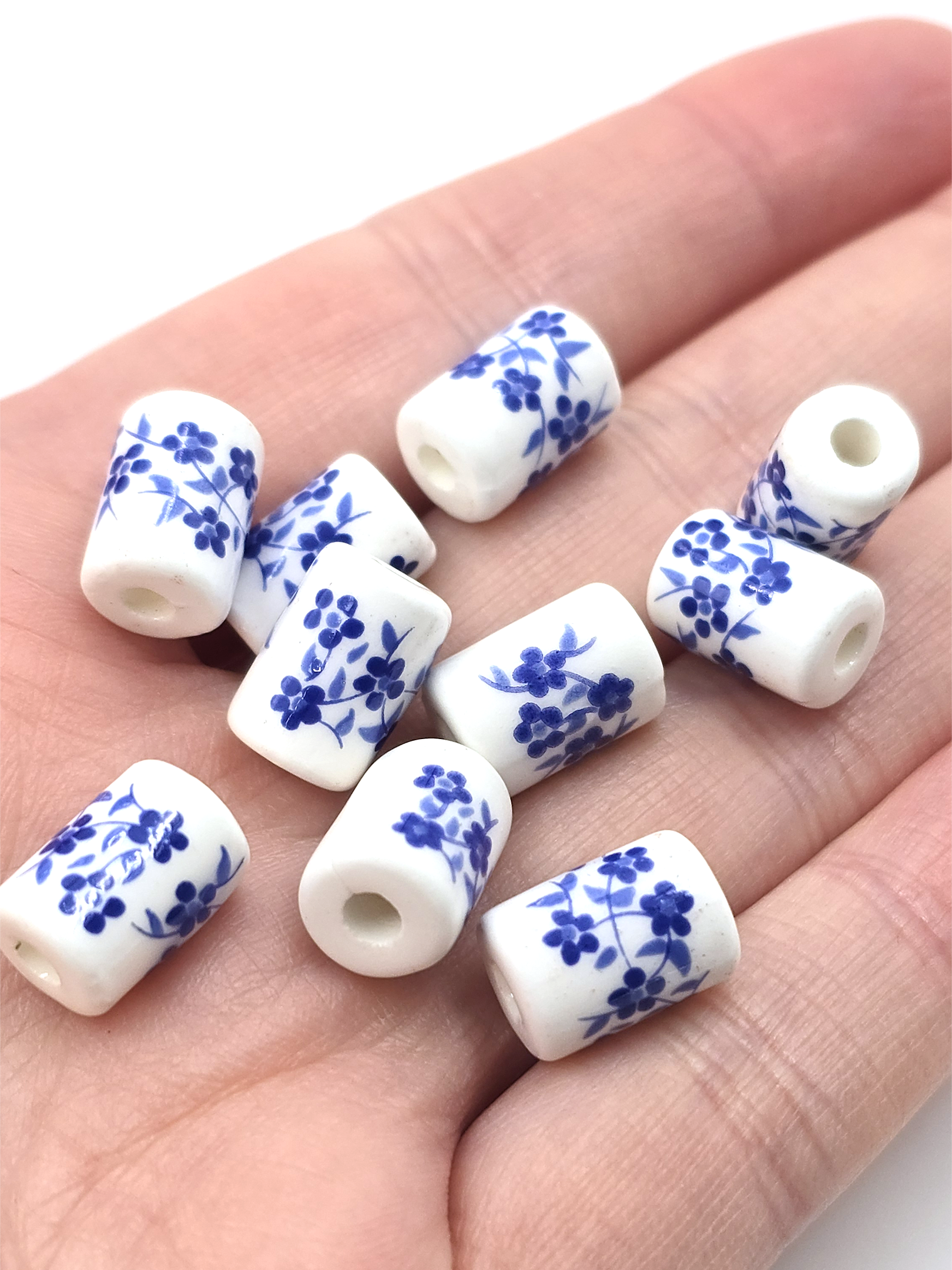 10 x Column Shaped White Ceramic Beads with Blue Floral Pattern, 12x8mm (3651)