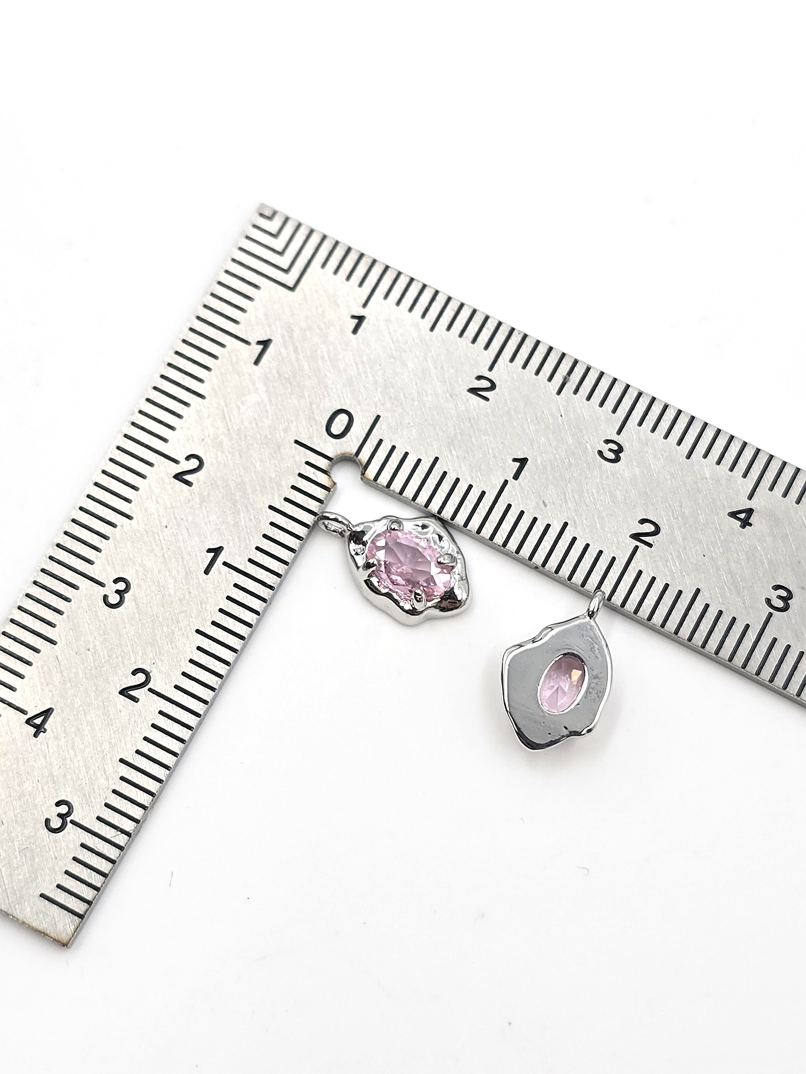 2 x Silver Organic Shaped Pink Cubic Zirconia Teardrop Charms, 12.5x7.5mm