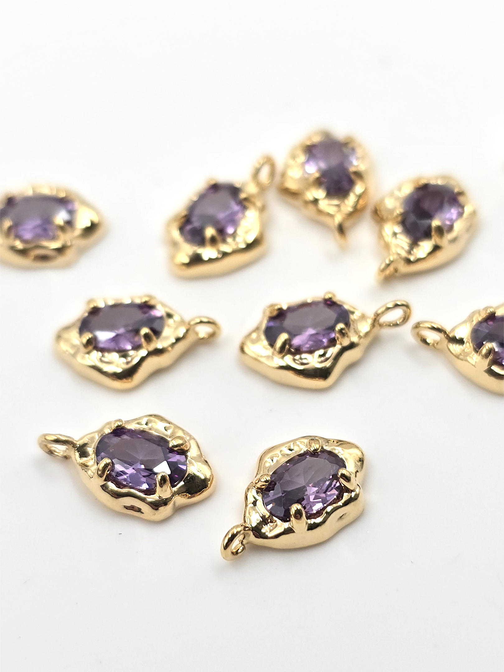 2 x Gold Organic Shaped Purple Cubic Zirconia Teardrop Charms, 12.5x7.5mm
