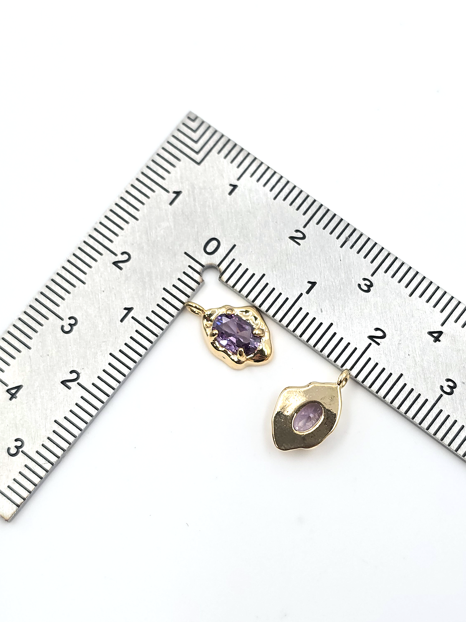 2 x Gold Organic Shaped Purple Cubic Zirconia Teardrop Charms, 12.5x7.5mm