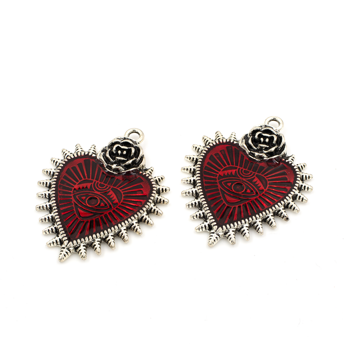 2 x Antique Silver Spiked Heart Pendants, 38x29mm
