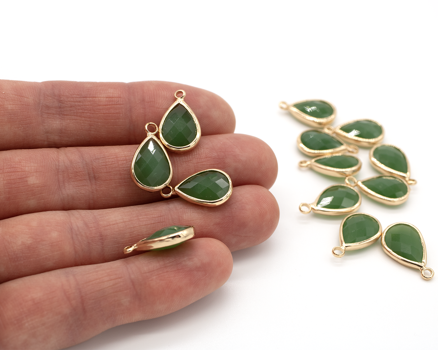 2 x Gold Plated Opaque Green Faceted Glass Teardrop Pendants, 18x11mm (0505)
