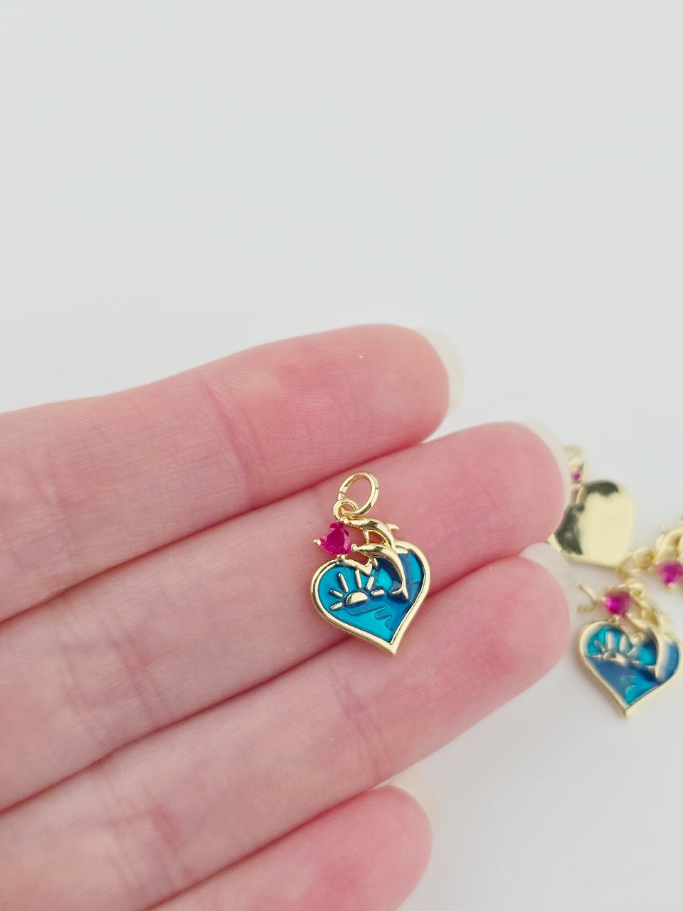18K Gold Plated Heart Charm with Dolphins, 16x12mm