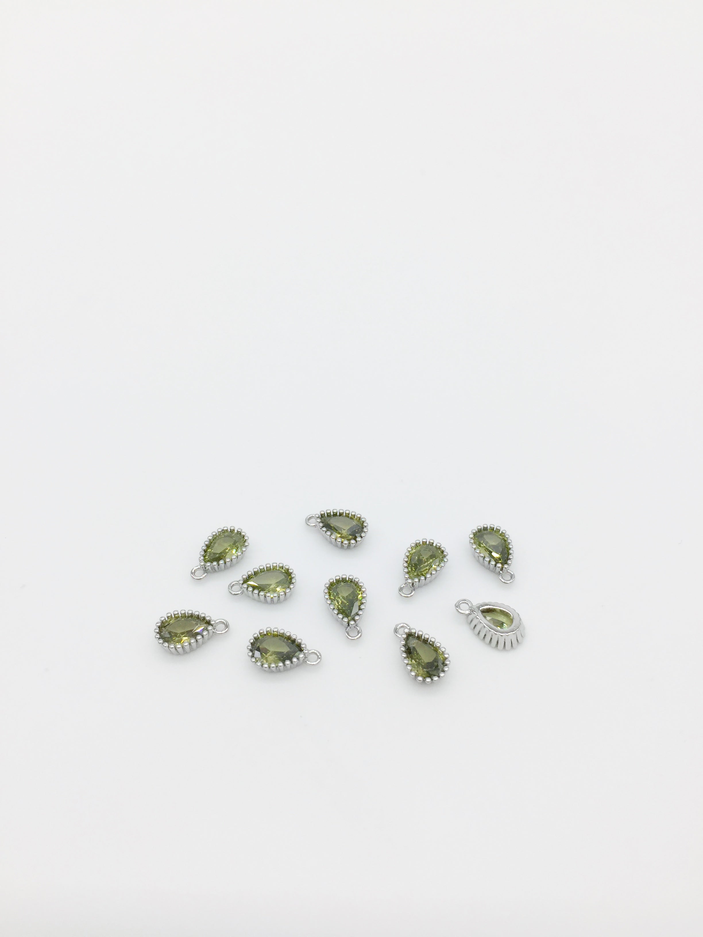 1 x Rhodium Plated Olive Green Cubic Zirconia Teardrop Charm, 5x8mm