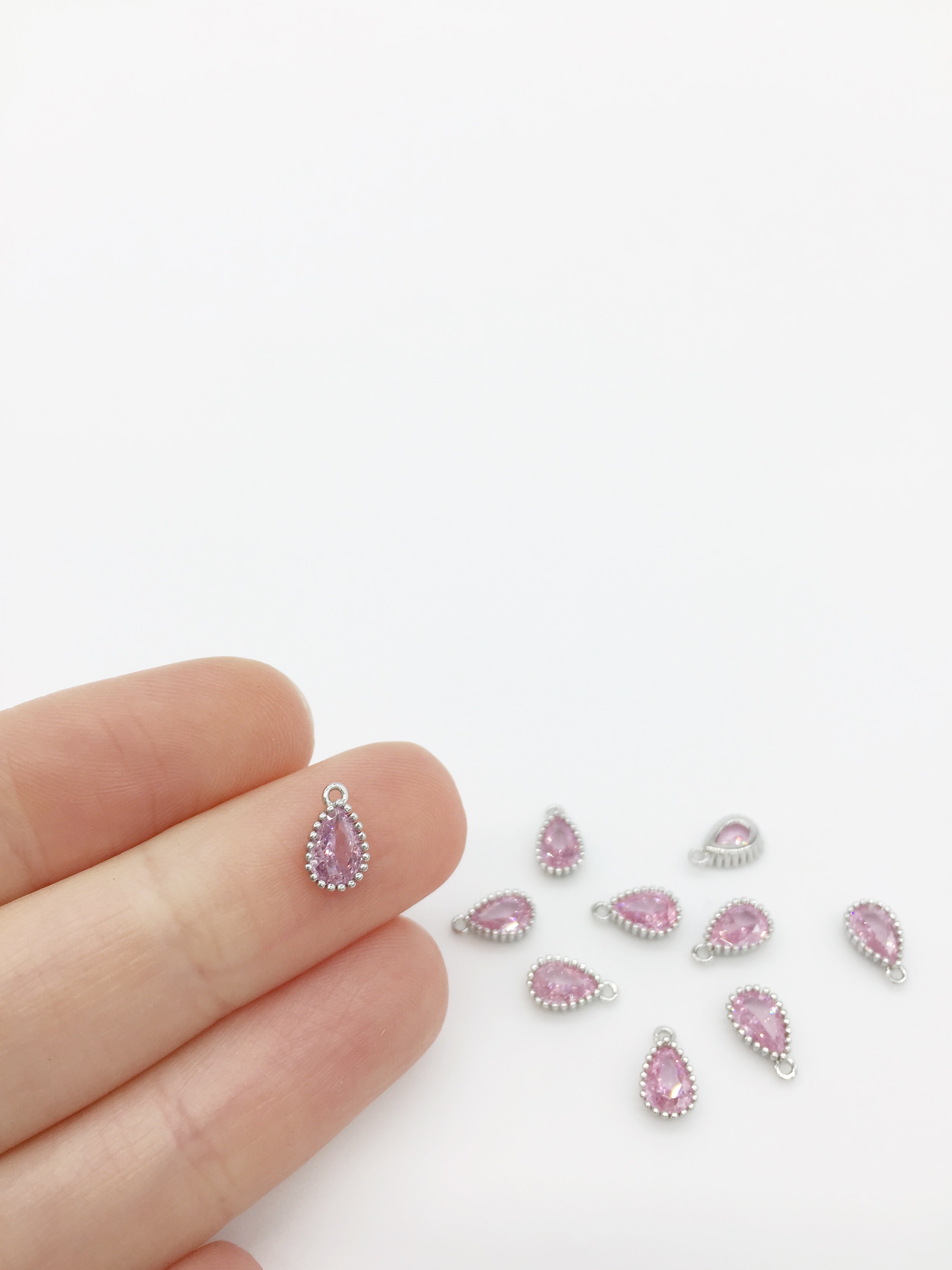 1 x Rhodium Plated Pink Cubic Zirconia Teardrop Charm, 5x8mm