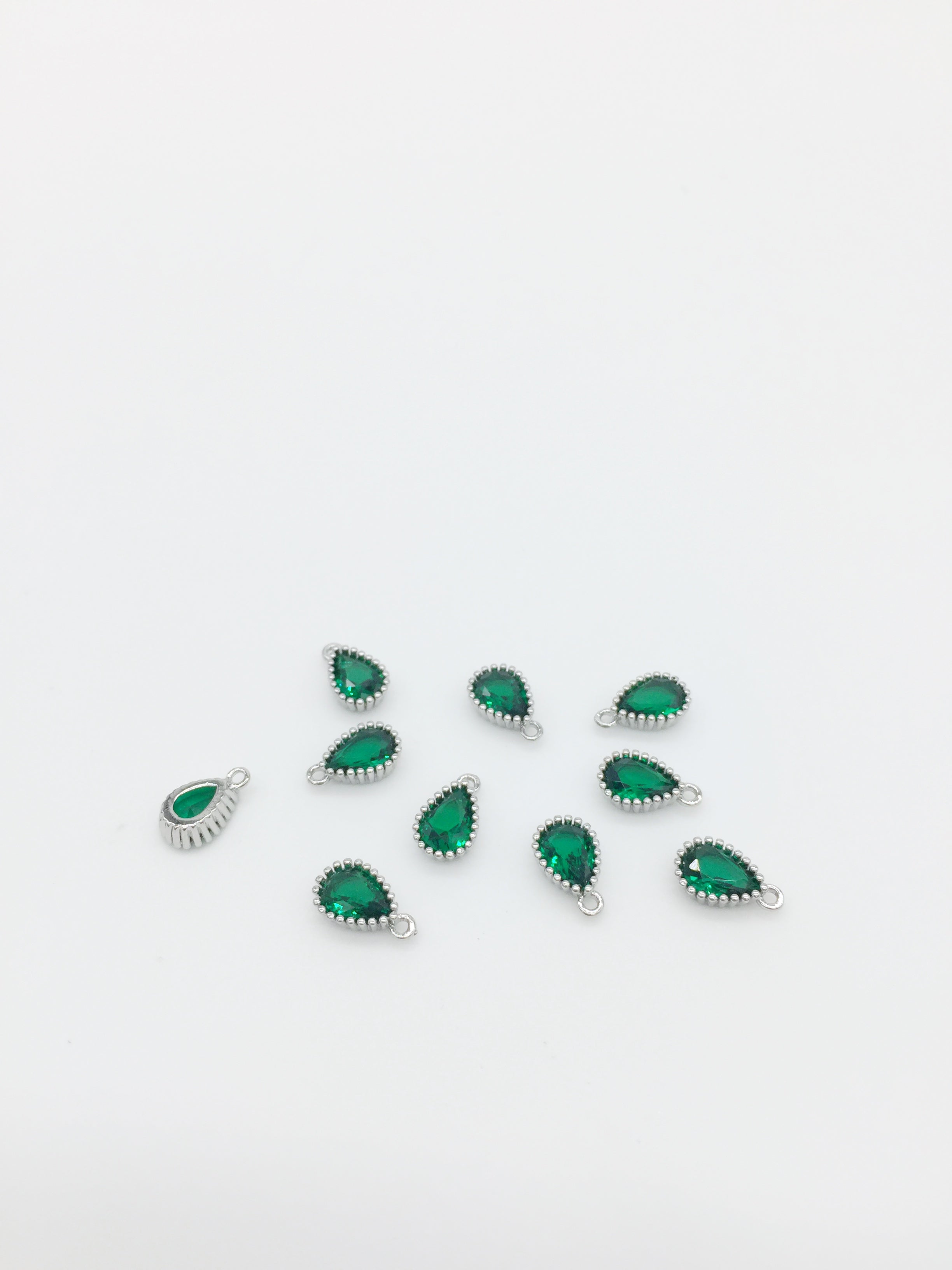 1 x Rhodium Plated Emerald Green Cubic Zirconia Teardrop Charm, 5x8mm