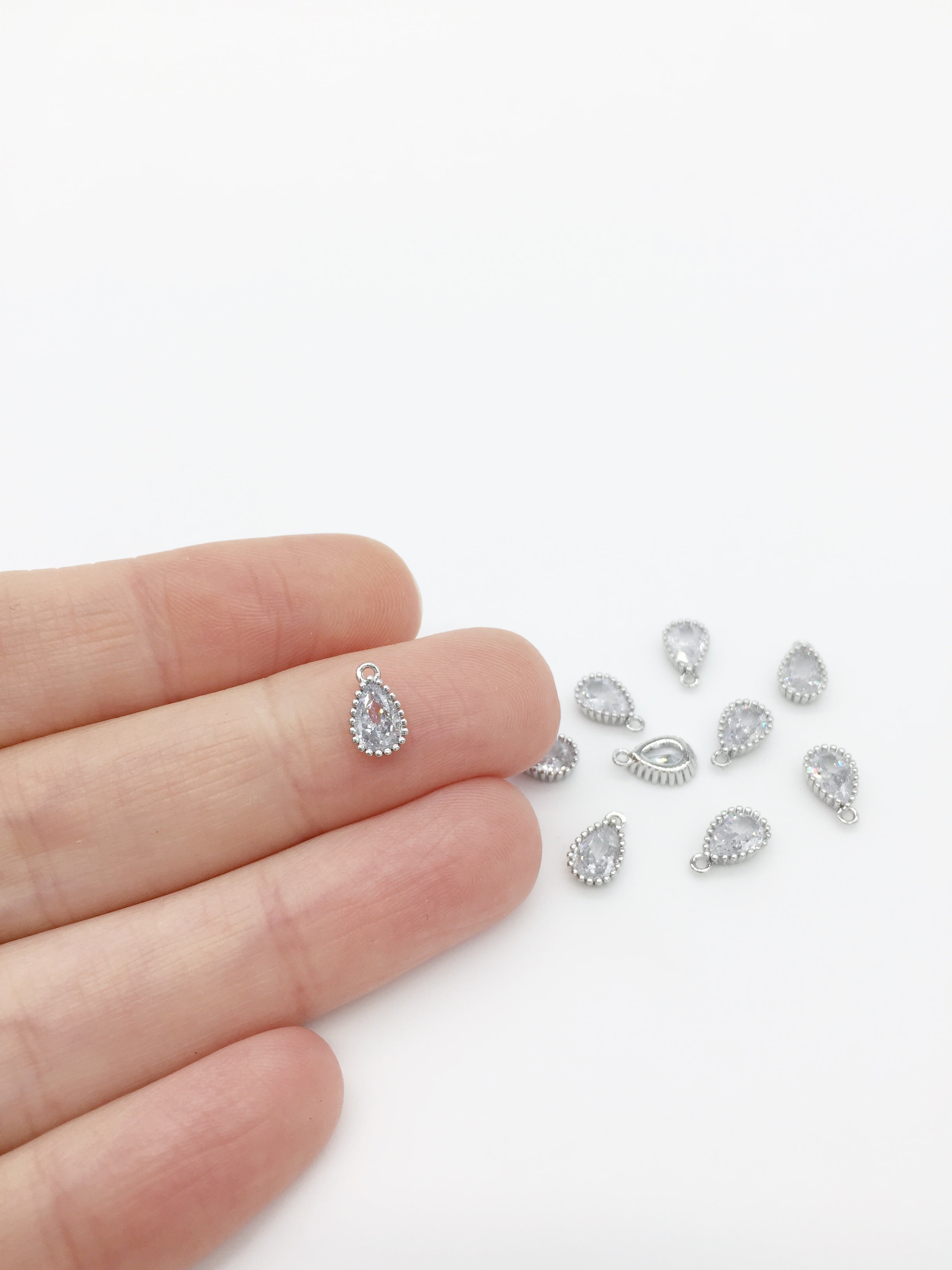 1 x Rhodium Plated Clear Cubic Zirconia Teardrop Charm, 5x8mm