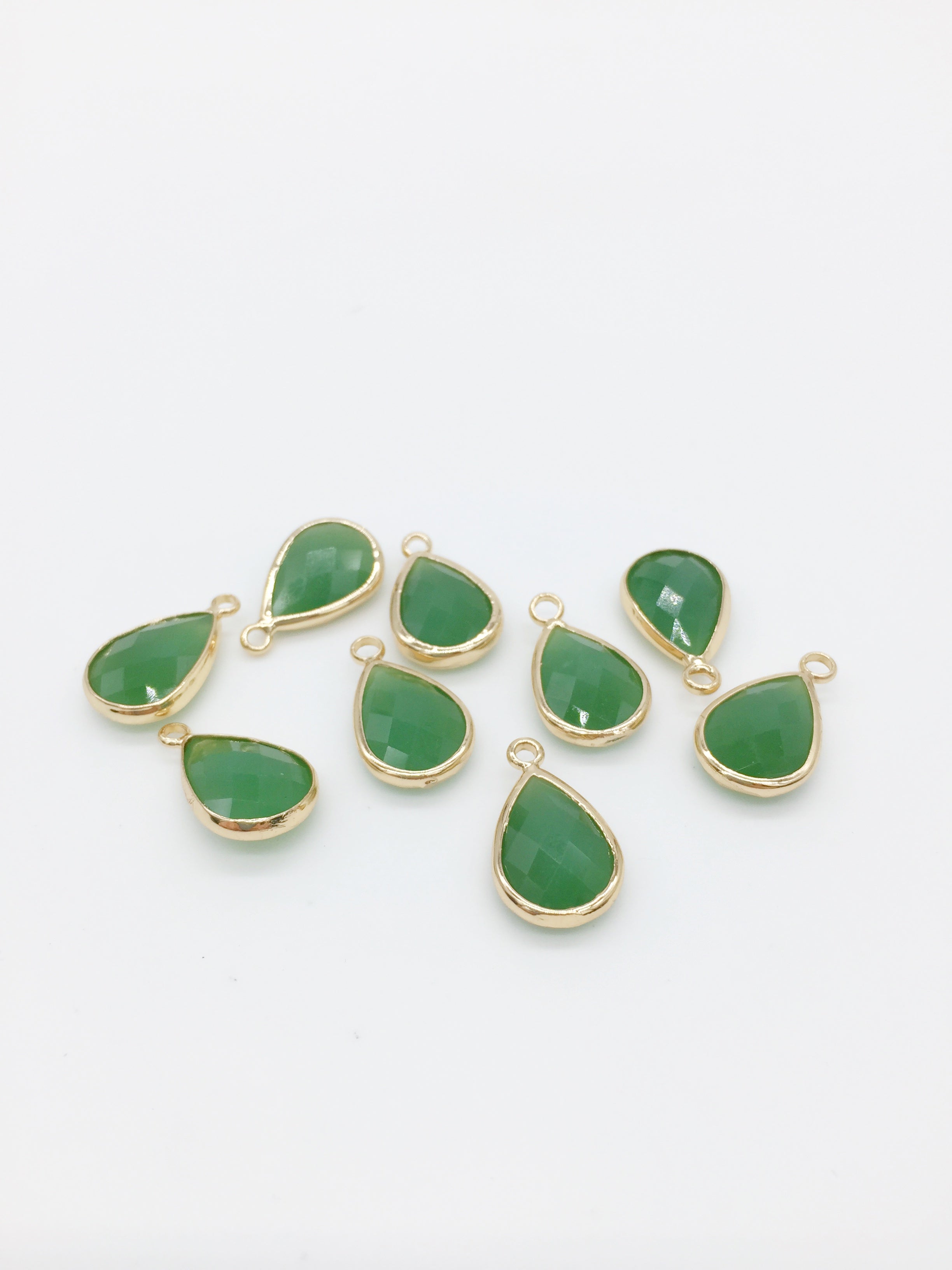 2 x Gold Plated Opaque Green Faceted Glass Teardrop Pendants, 18x11mm (0505)