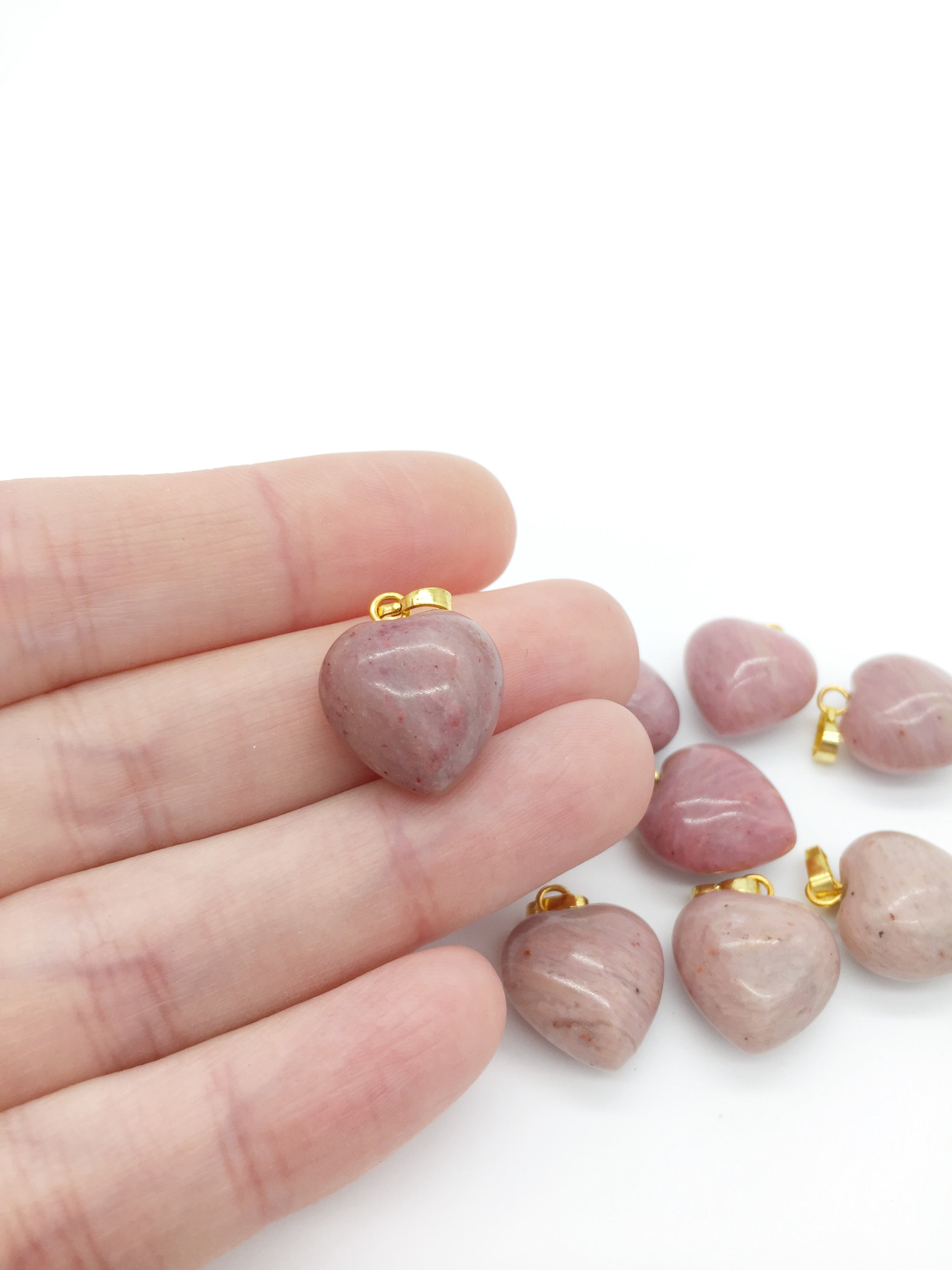 1 x Puffy Heart Pink Rhodonite Pendant with Gold Plated Loop and Bail, 19x15mm (0194)