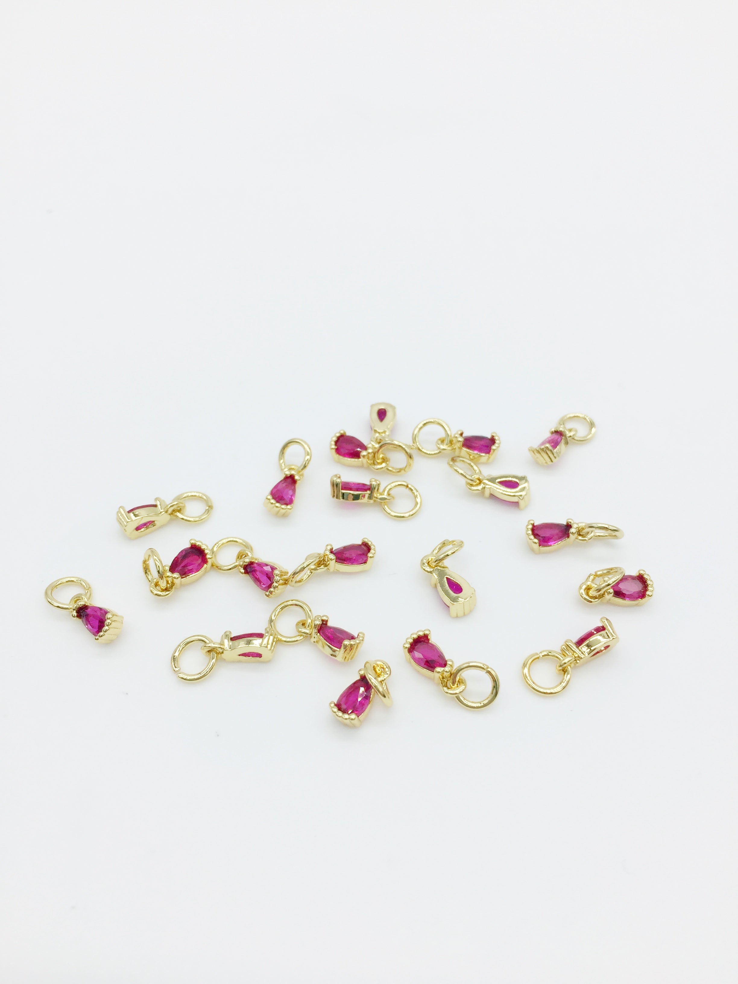 2 x Tiny 18K Gold Plated Deep Pink Teardrop Cubic Zirconia Charms with Jump Rings, 3x8mm (0168)