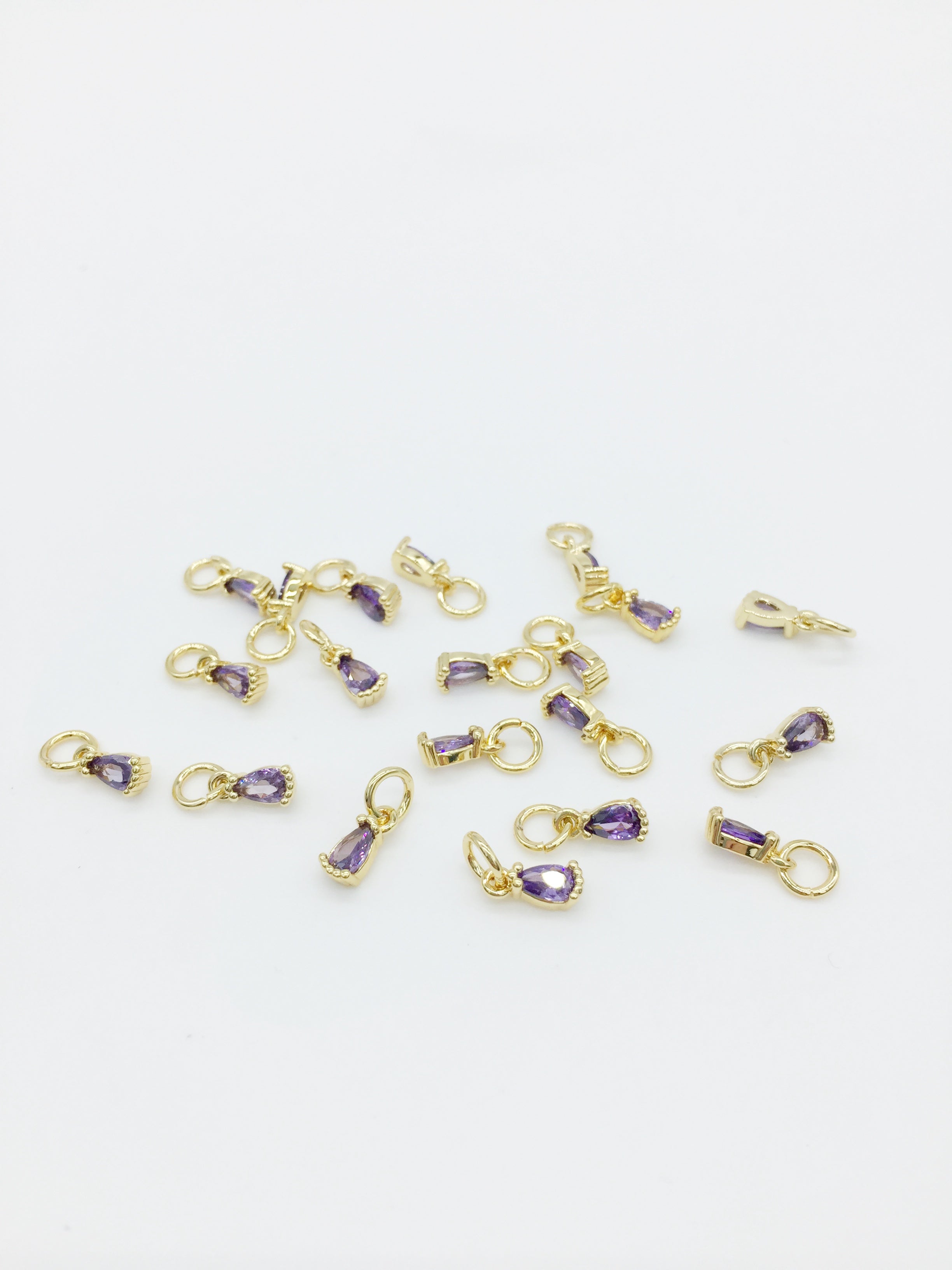 2 x Tiny 18K Gold Plated Purple Teardrop Cubic Zirconia Charms with Jump Rings, 3x8mm (0180)
