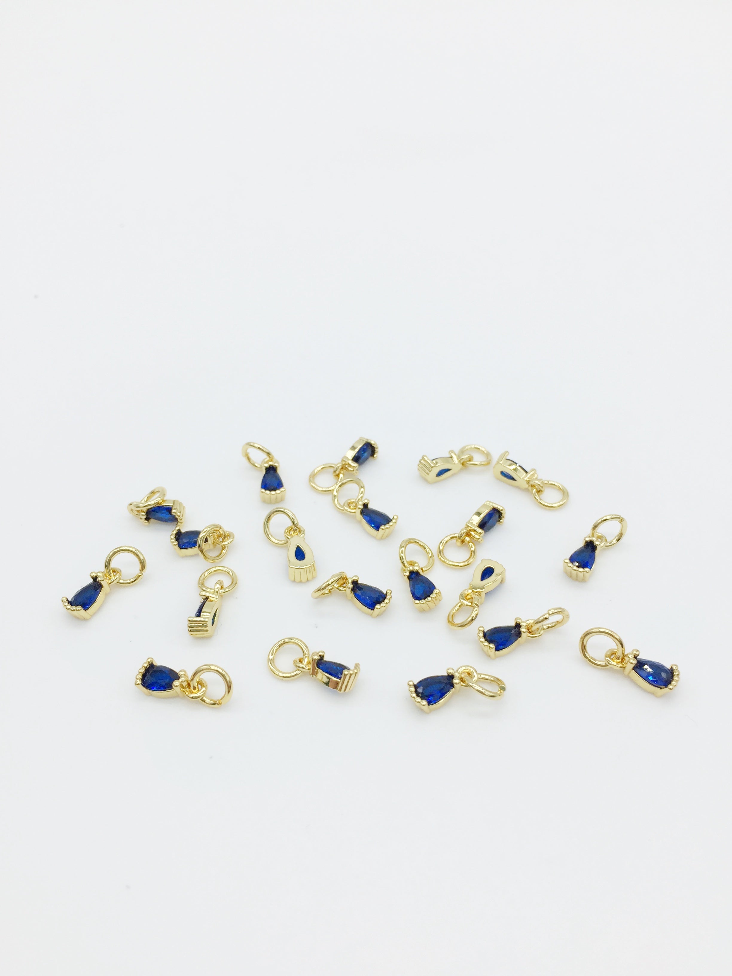 2 x Tiny 18K Gold Plated Blue Teardrop Cubic Zirconia Charms with Jump Rings, 3x8mm (0179)