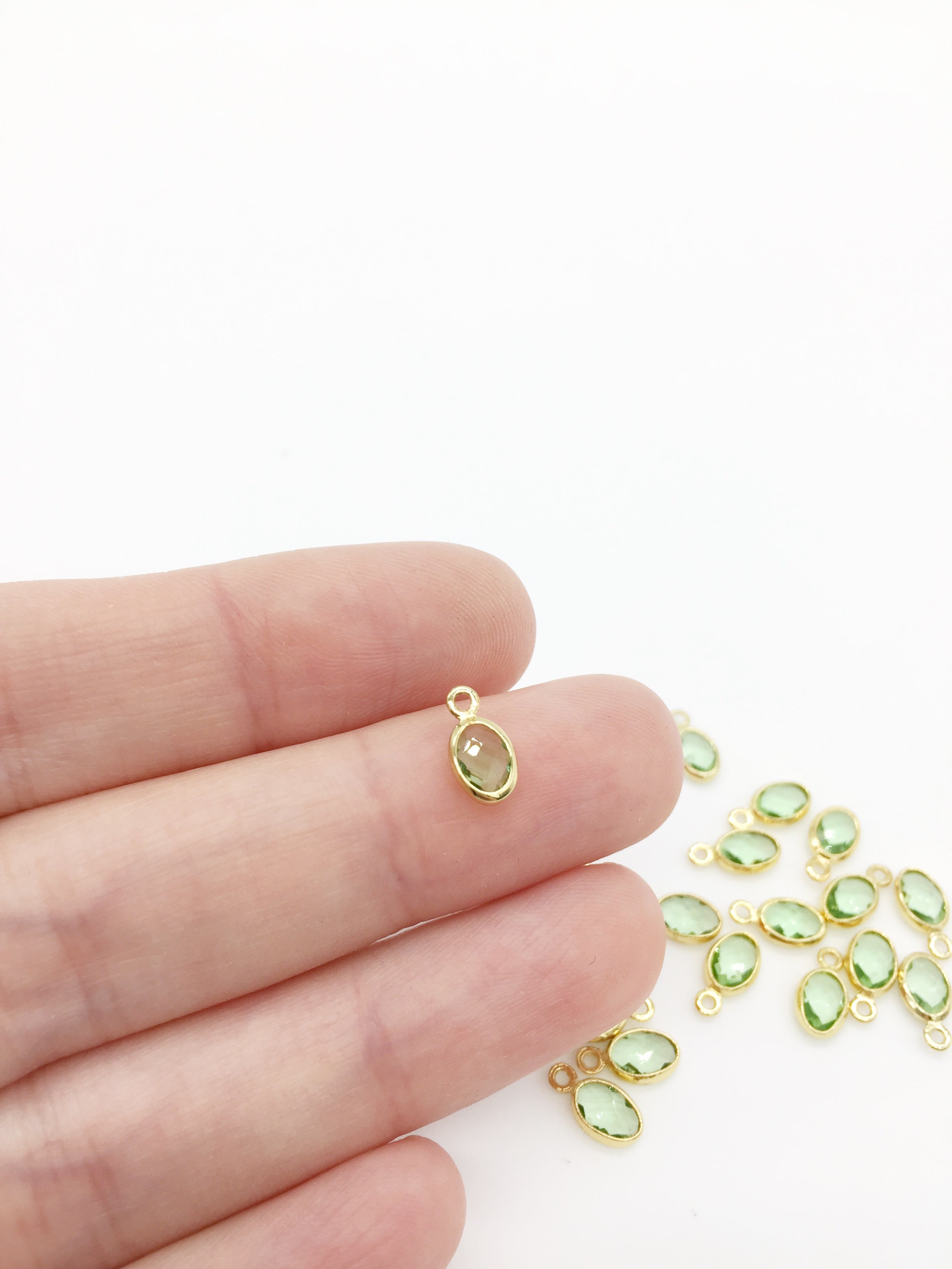 2 x Tiny Gold Plated Peridot Green Glass Oval Charms, 9x5mm (0185)