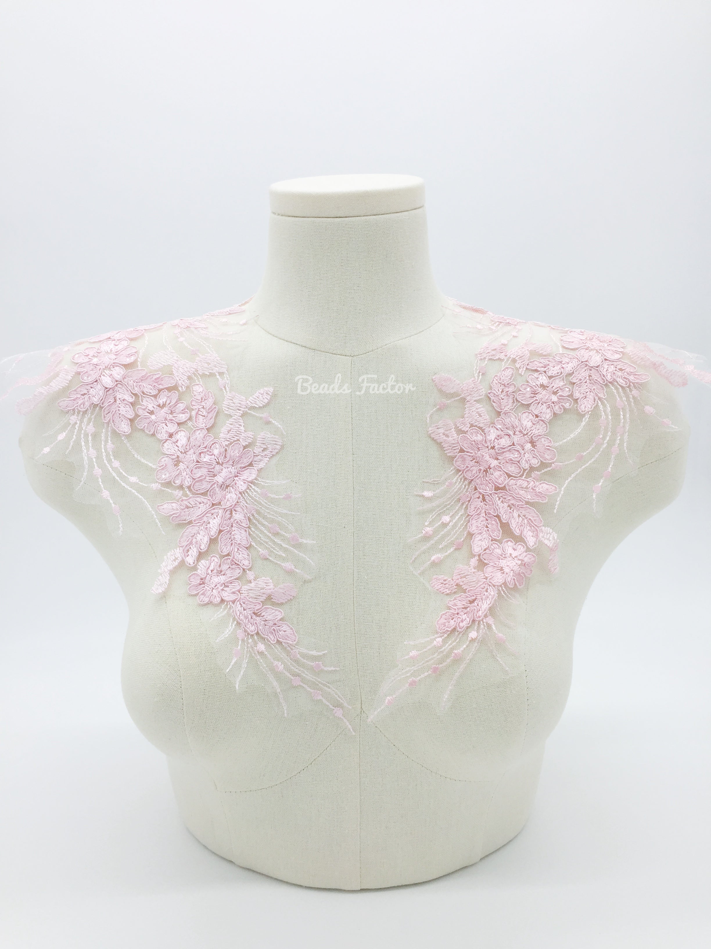 Large Mirrored Pair Pink Flower Lace Applique, 44x23cm