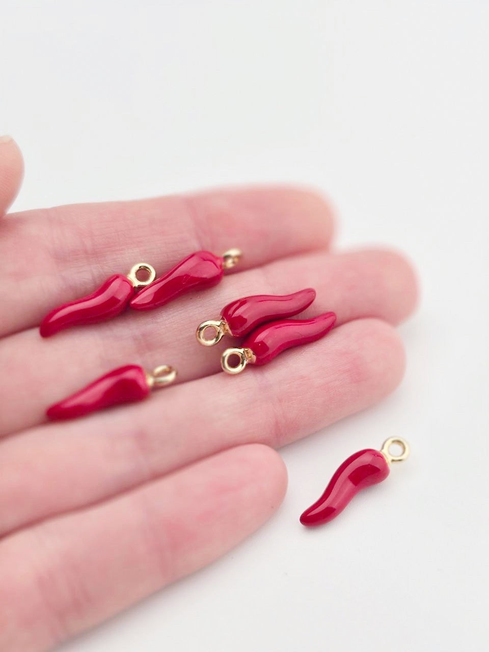 6 x Red Enamel Chili Charms with Gold Loops, 22x6mm