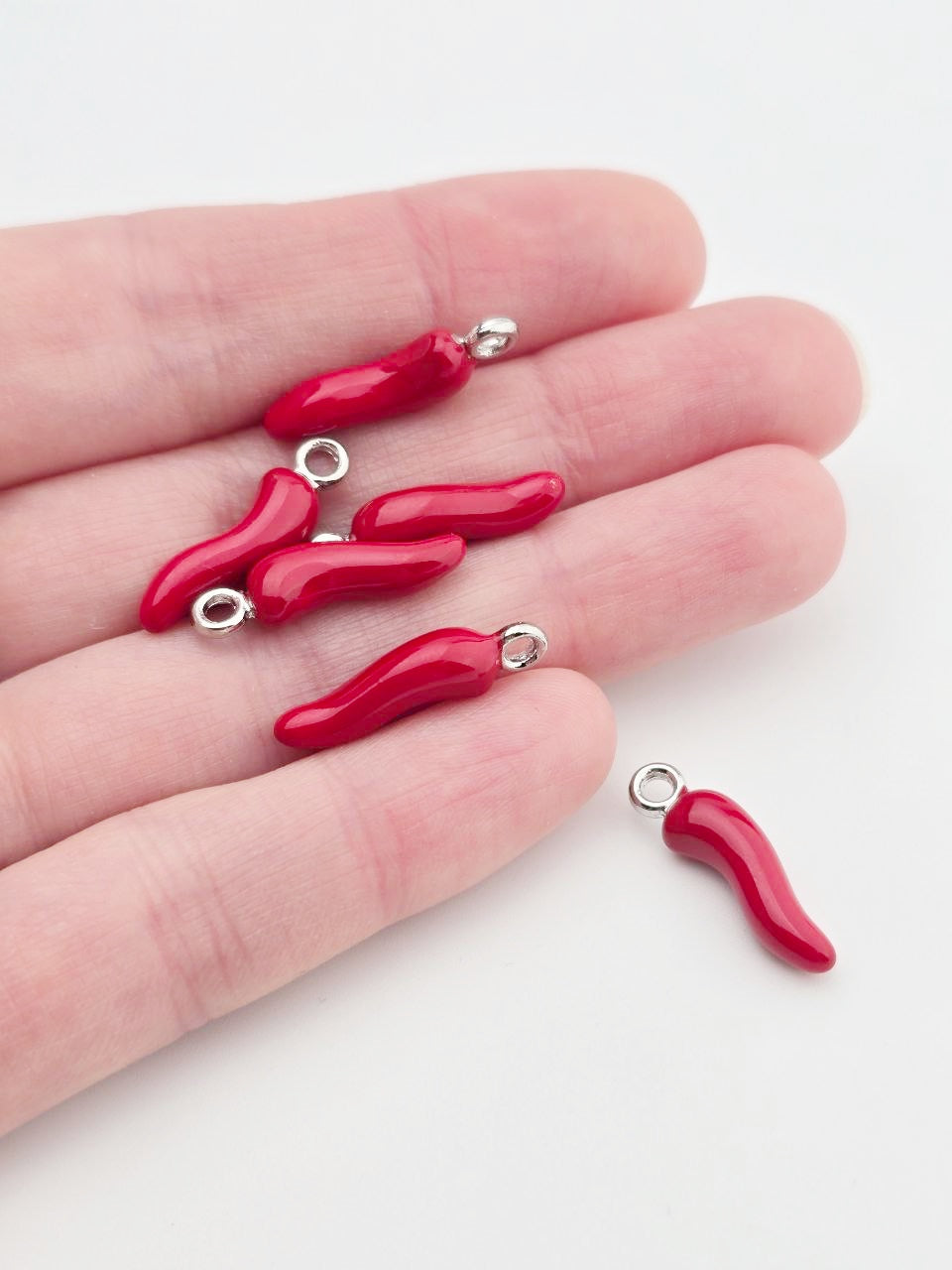 6 x Red Enamel Chili Charms with Silver Loops, 22x6mm