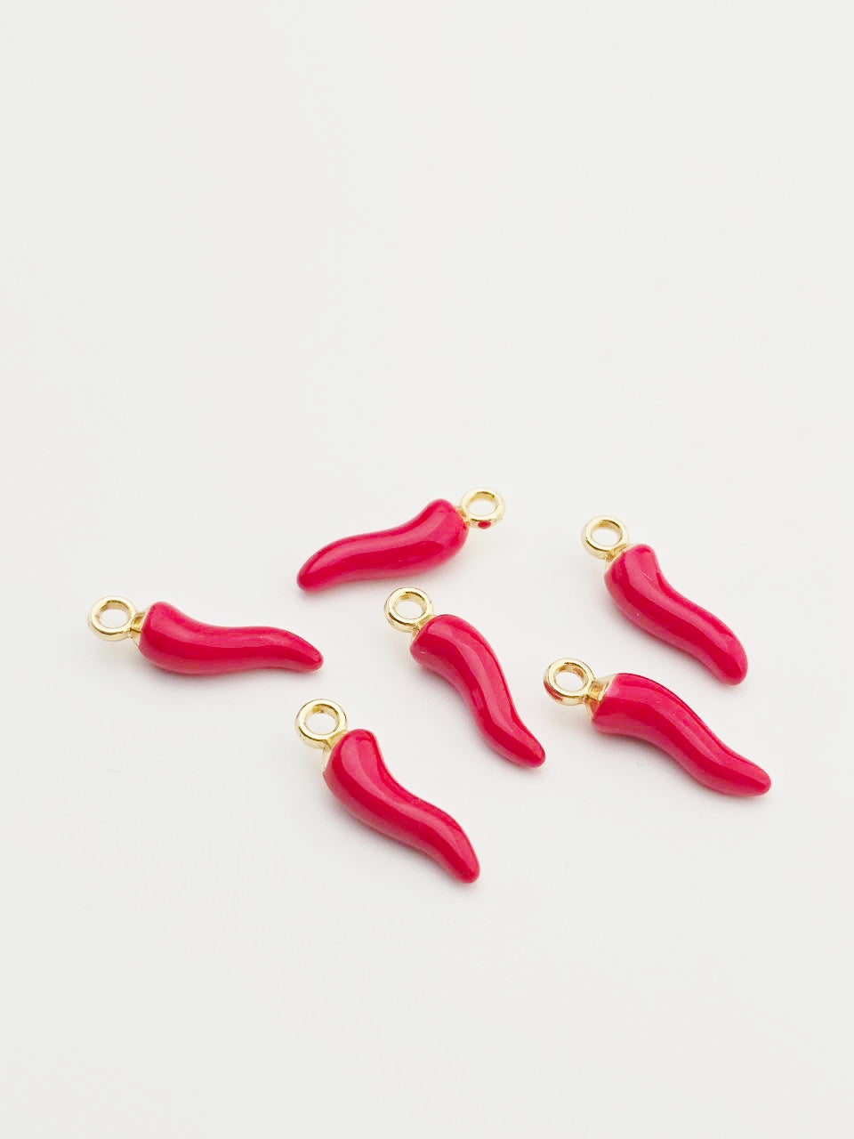 6 x Red Enamel Chili Charms with Gold Loops, 20x5mm