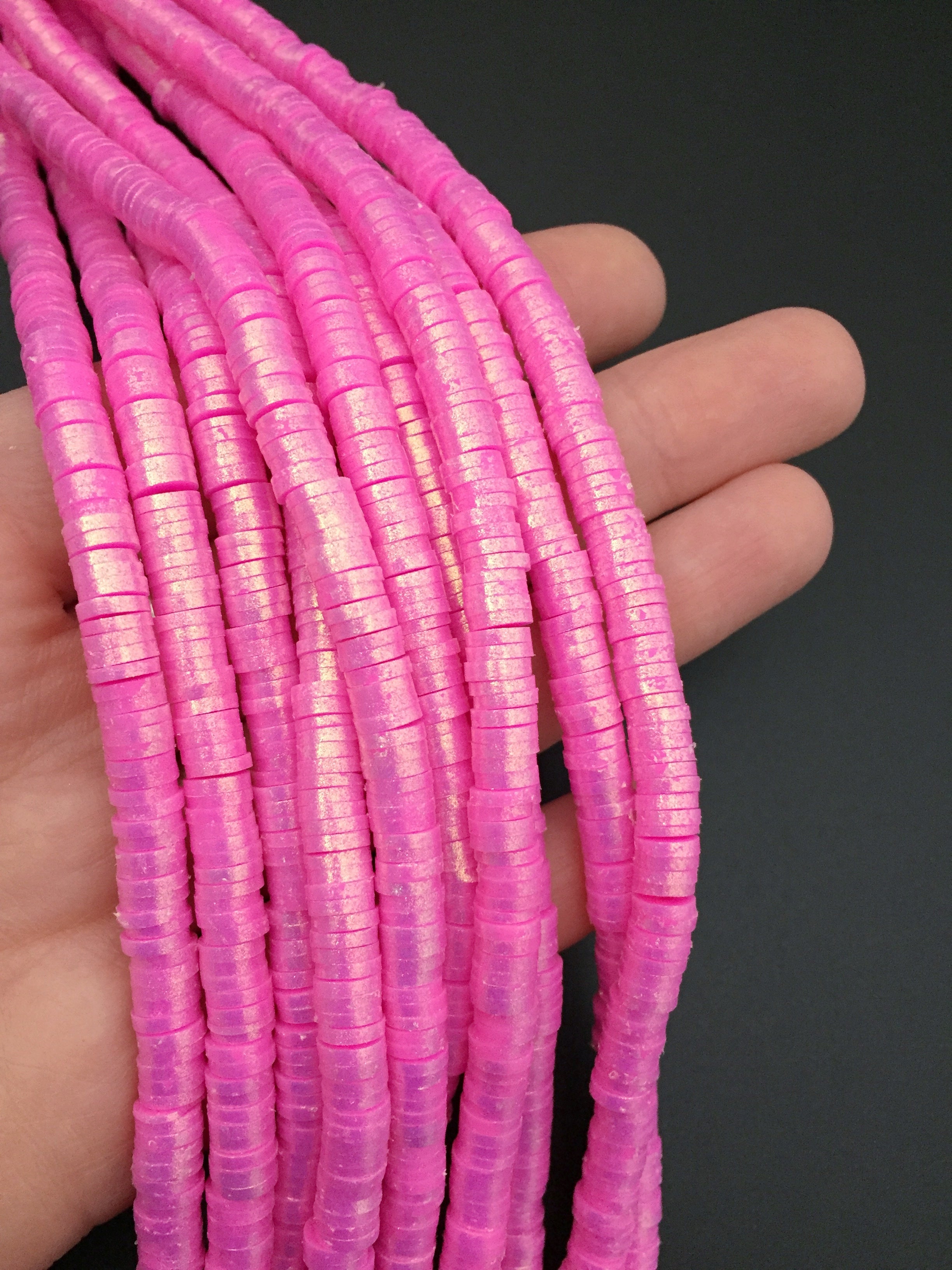 1 strand x 6mm Deep Pink Polymer Clay Beads with Gold Shimmer
