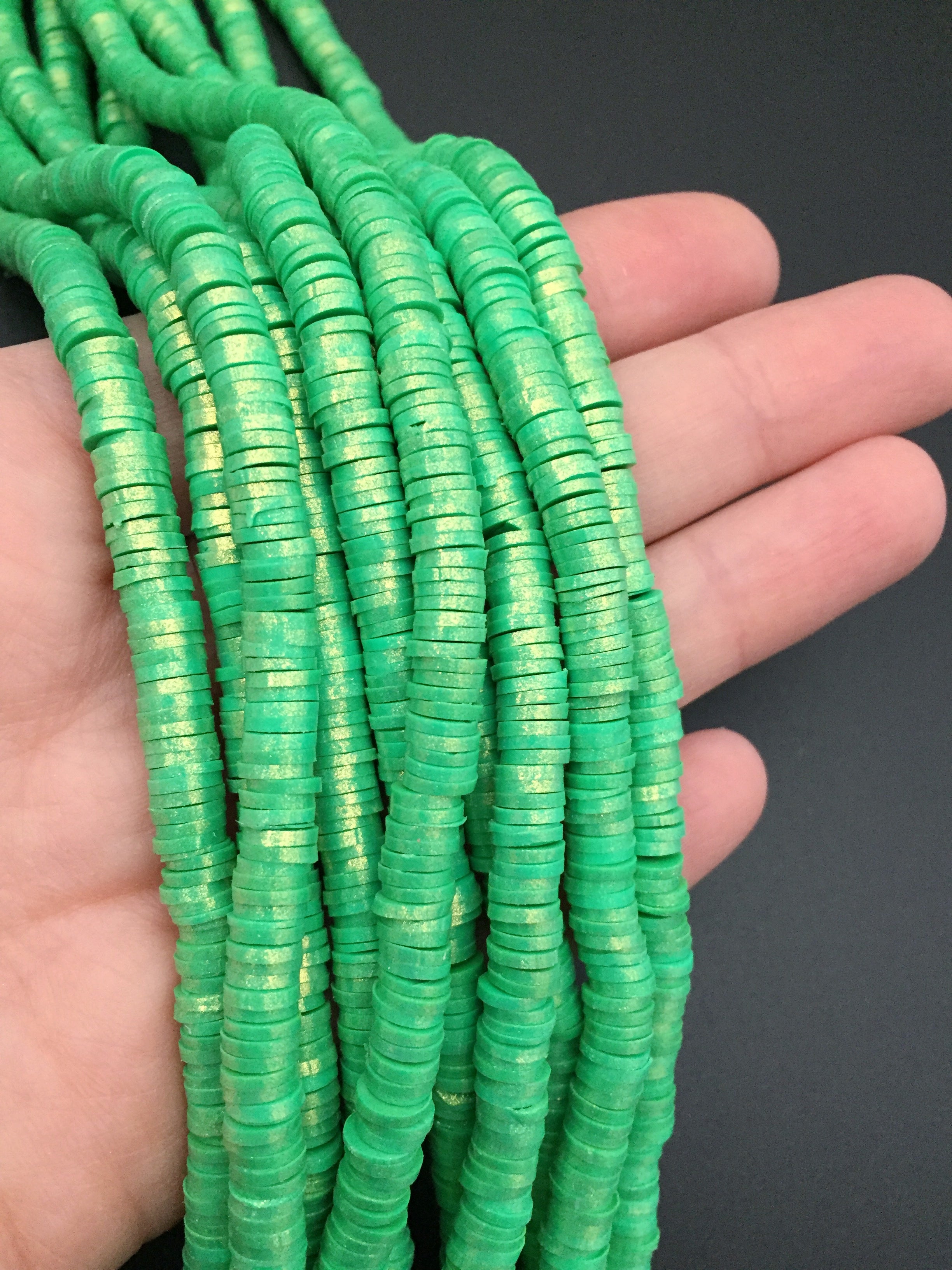 1 strand x 6mm Green Polymer Clay Beads with Gold Shimmer