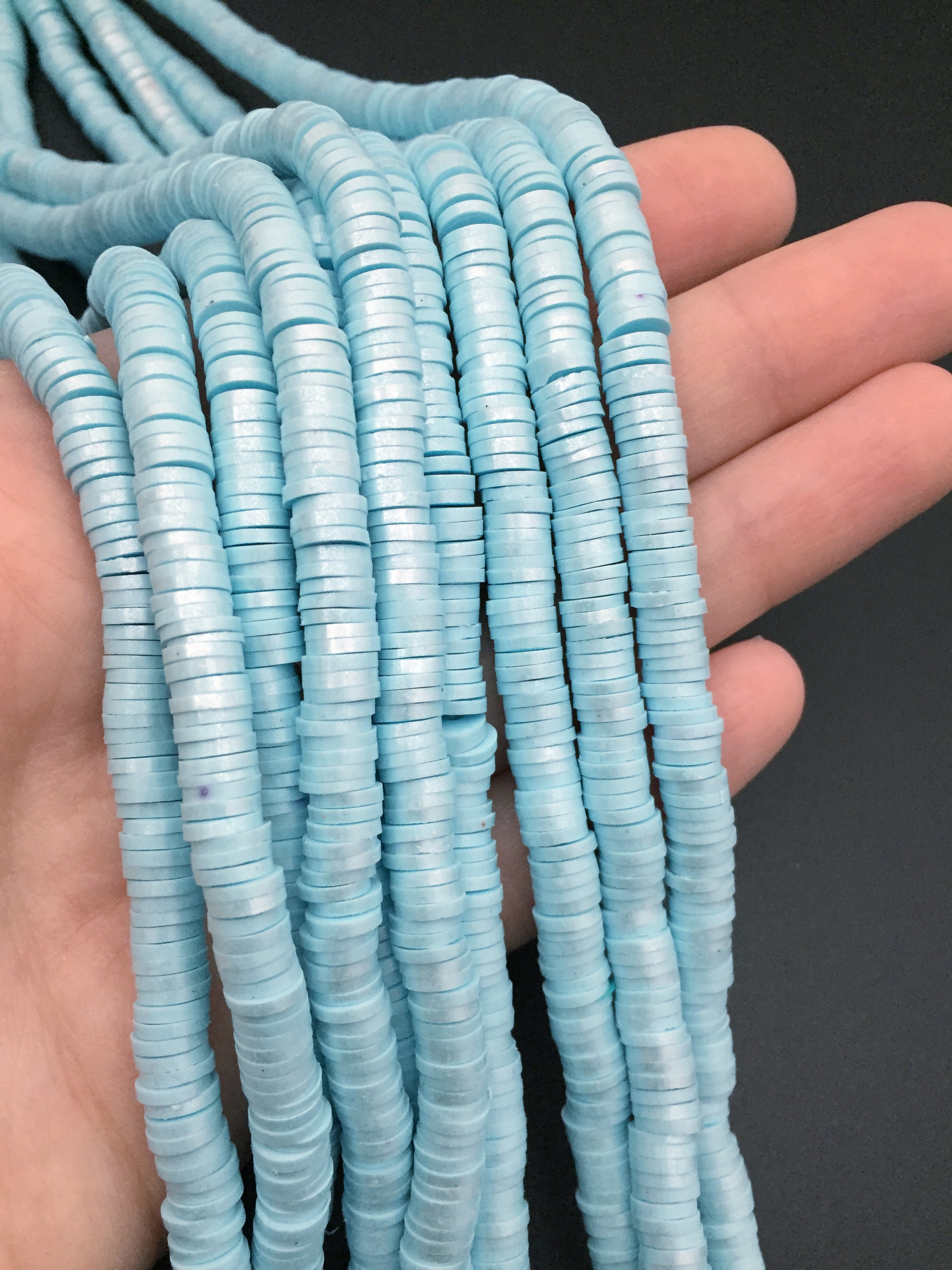 1 strand x 6mm Light Blue Polymer Clay Beads with Silver Shimmer
