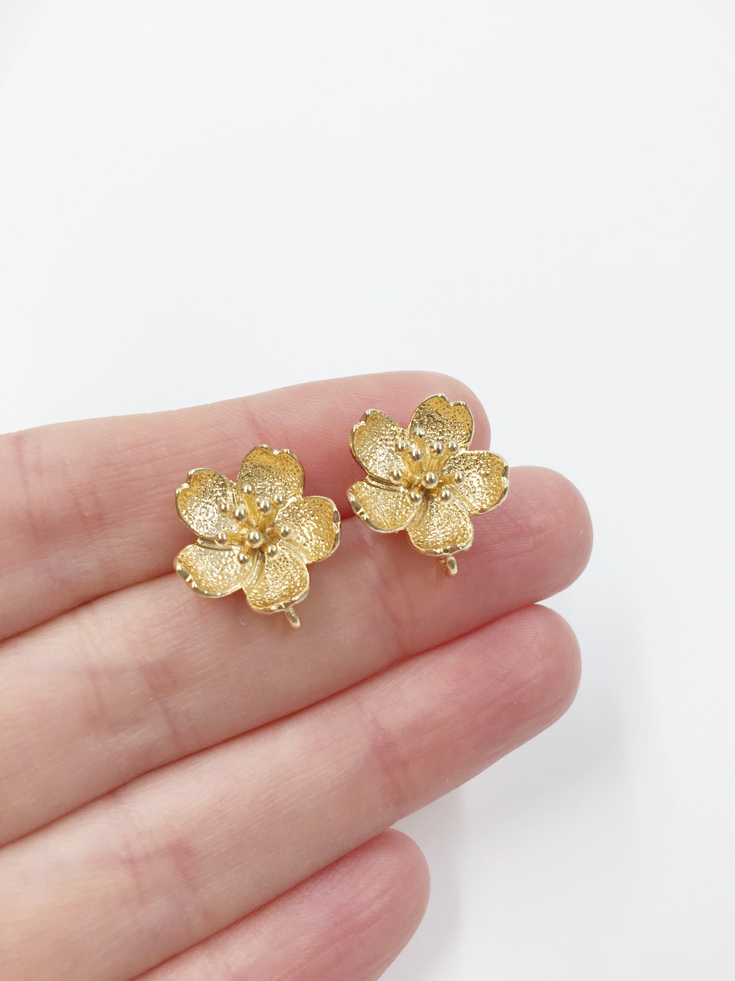 1 pair x 18K Gold Plated Sakura Flower Earring Studs with Loop, 16mm