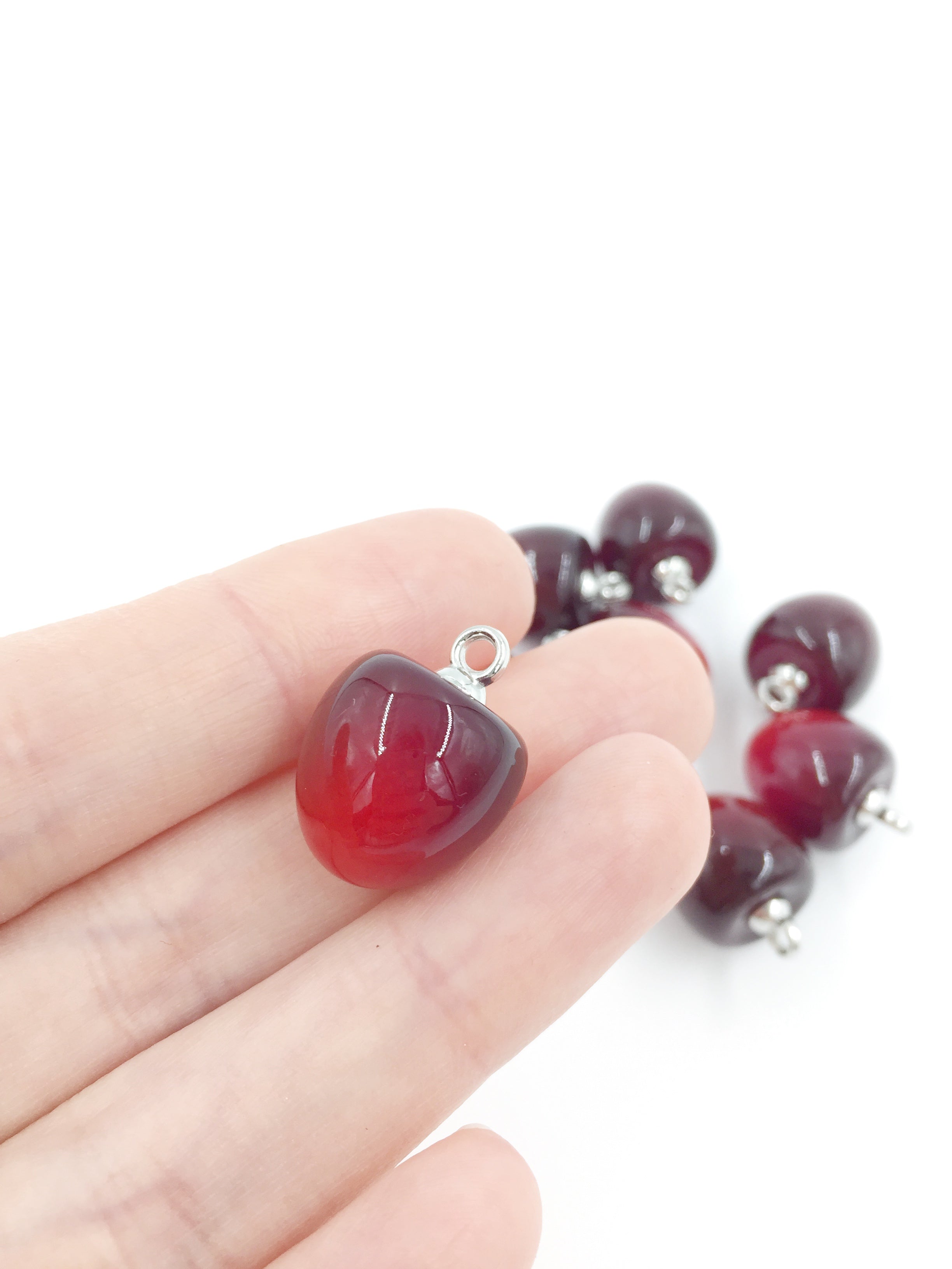 2 x Red Cherry Charms with Silver Loops, 15x20mm (2416)