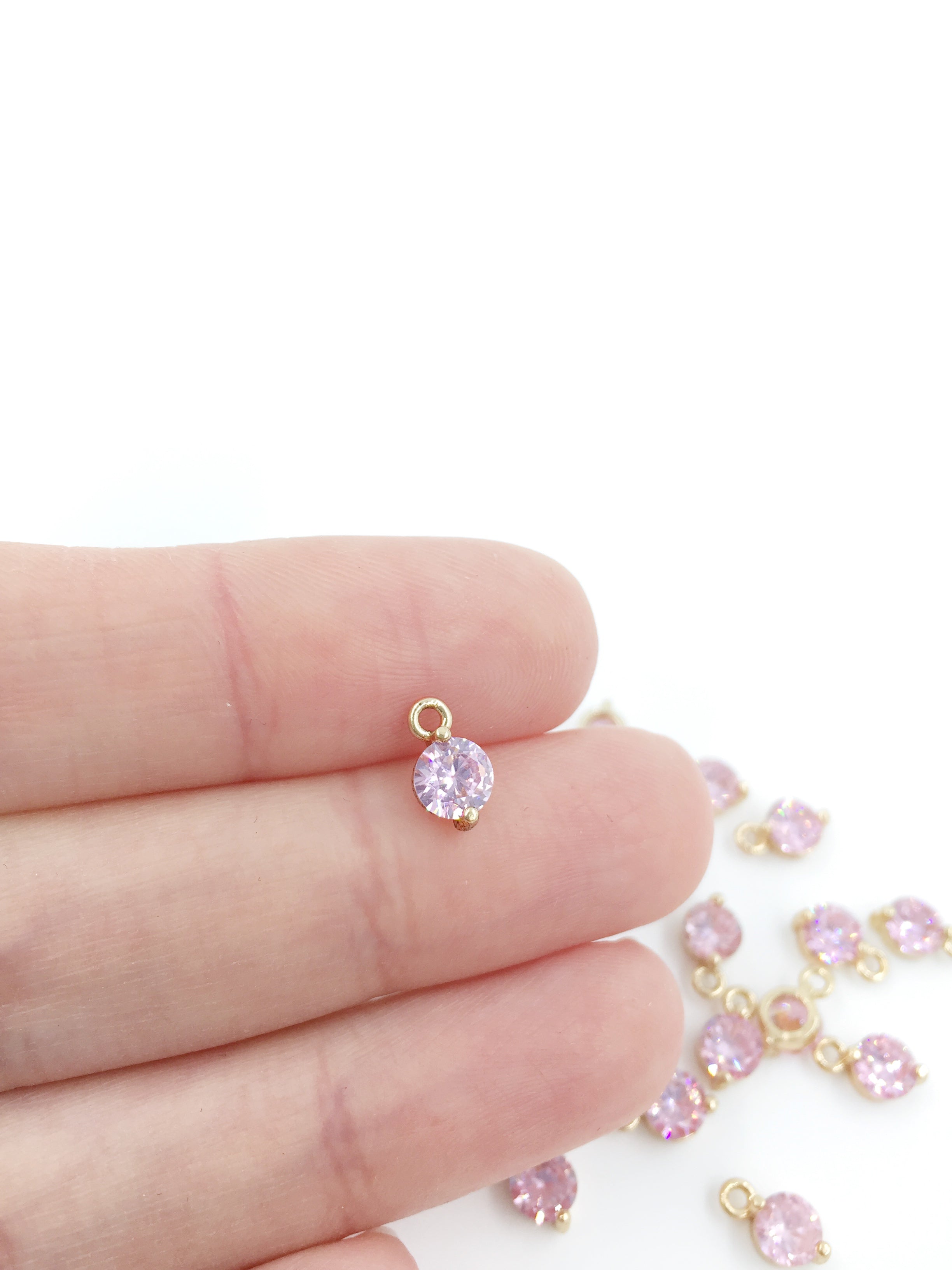 2 x 18K Gold Plated Round Pink Cubic Zirconia Charms, 9x5.5mm (0510)