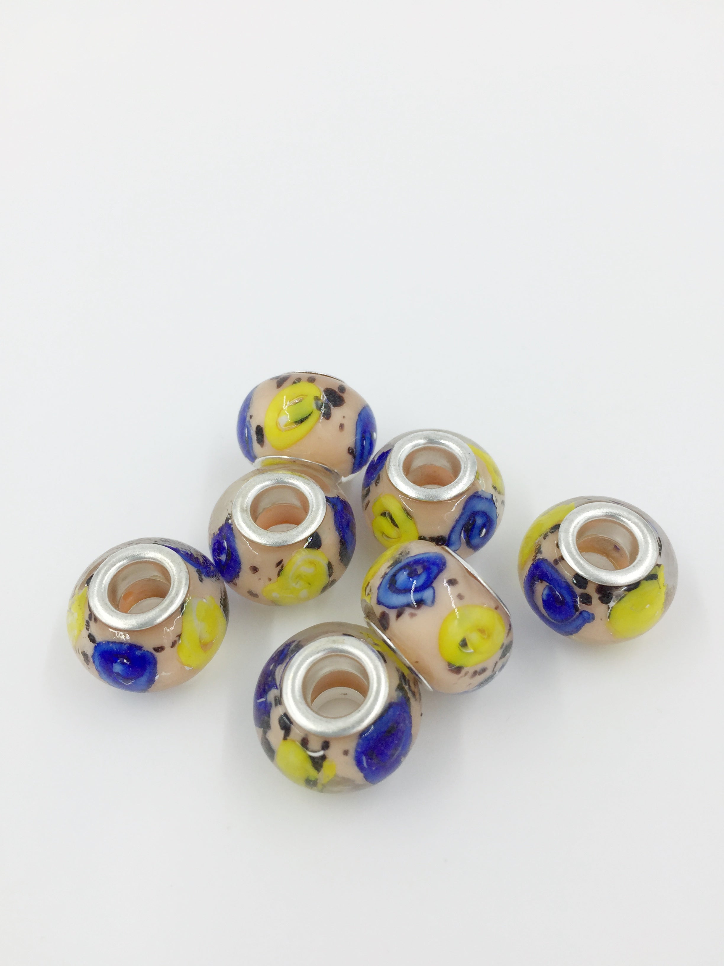 2 x Floral Pattern Lampwork Beads with Silver Core, 11x14mm (2922)