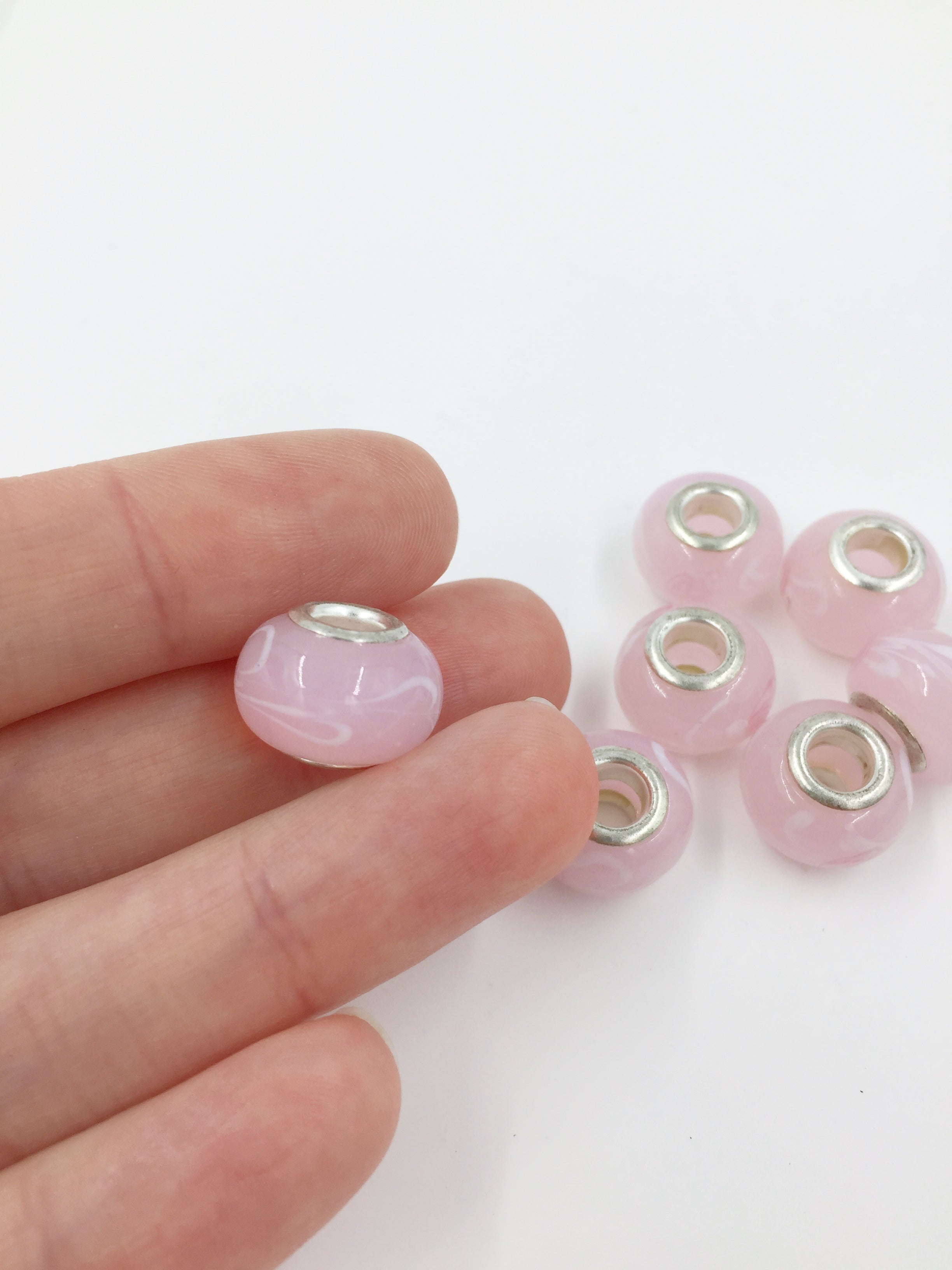 2 x Pink Floral Pattern Lampwork Beads with Silver Core, 11x14mm (2917)