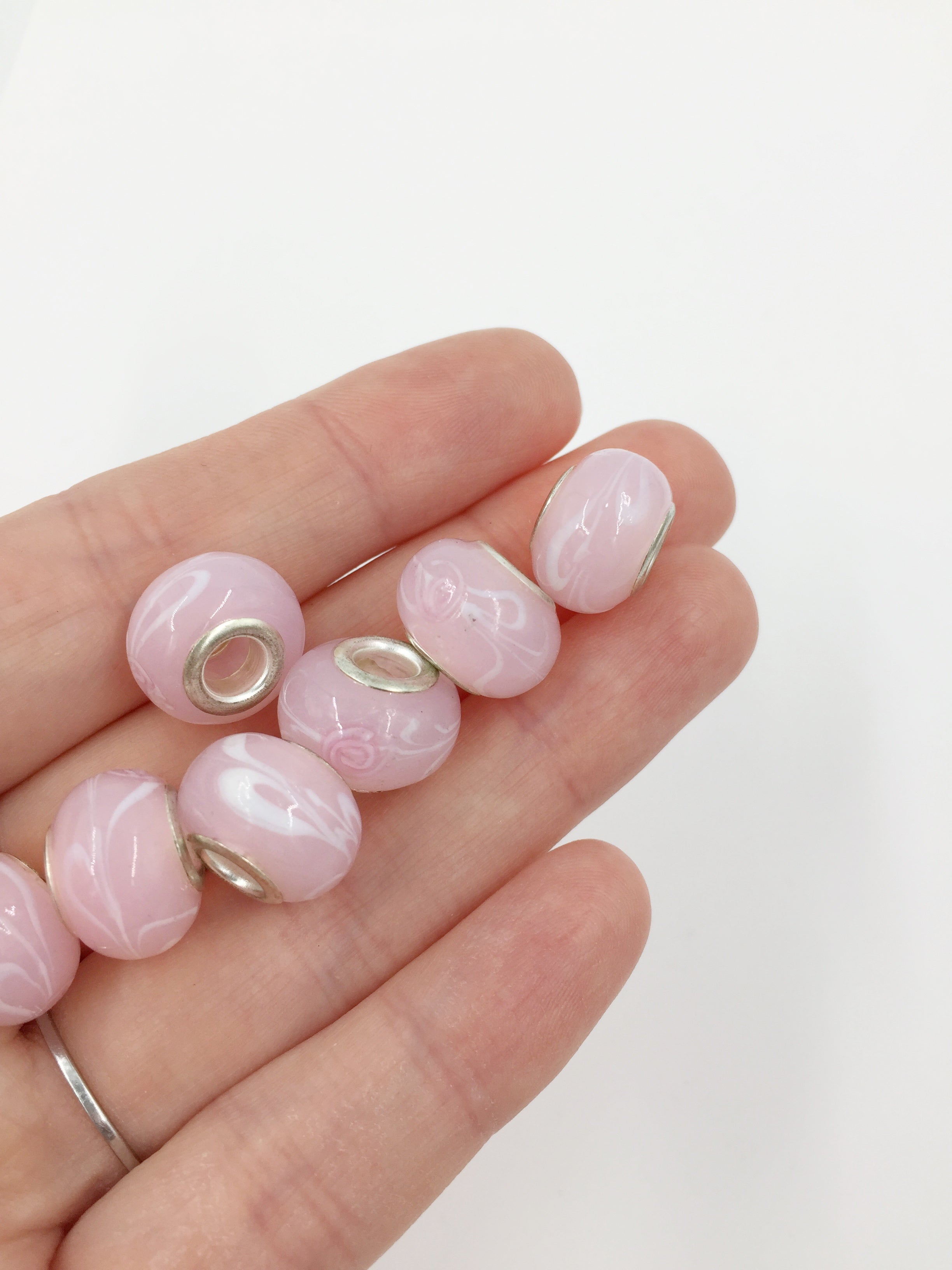 2 x Pink Floral Pattern Lampwork Beads with Silver Core, 11x14mm (2917)