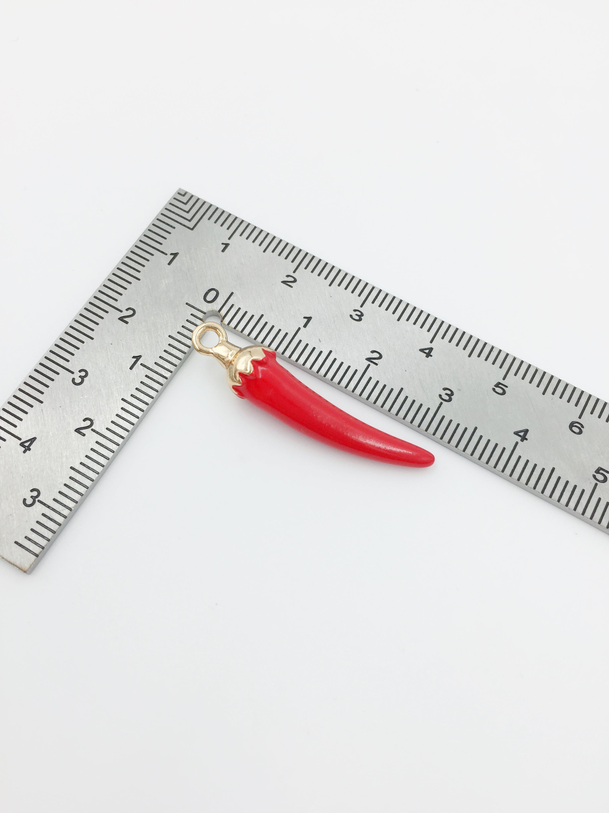 2 x Enamelled Red Chilli Pepper Charms with Gold Loops, 33x7mm