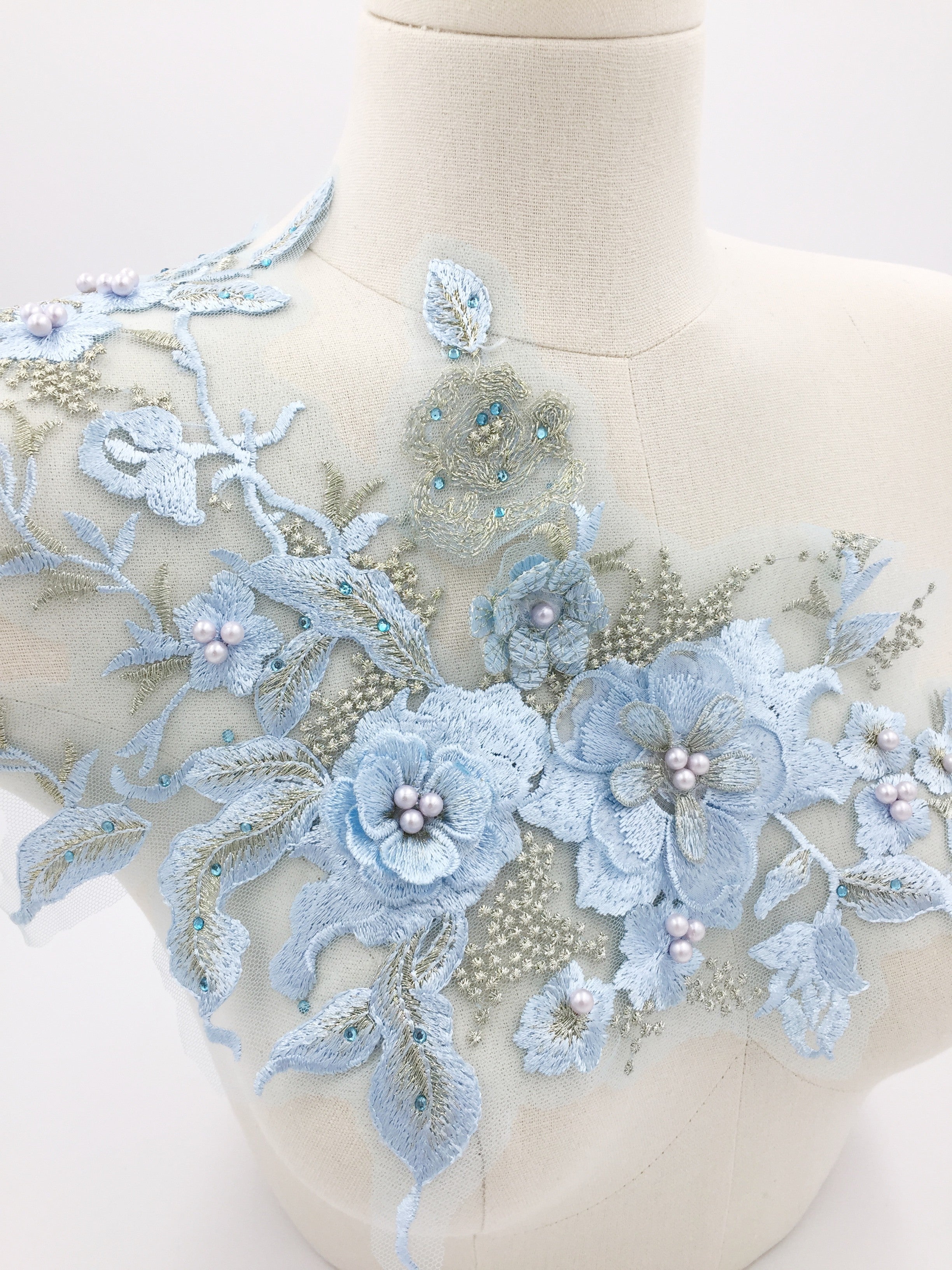 Light Blue 3d Flower Lace Applique, 33x28cm