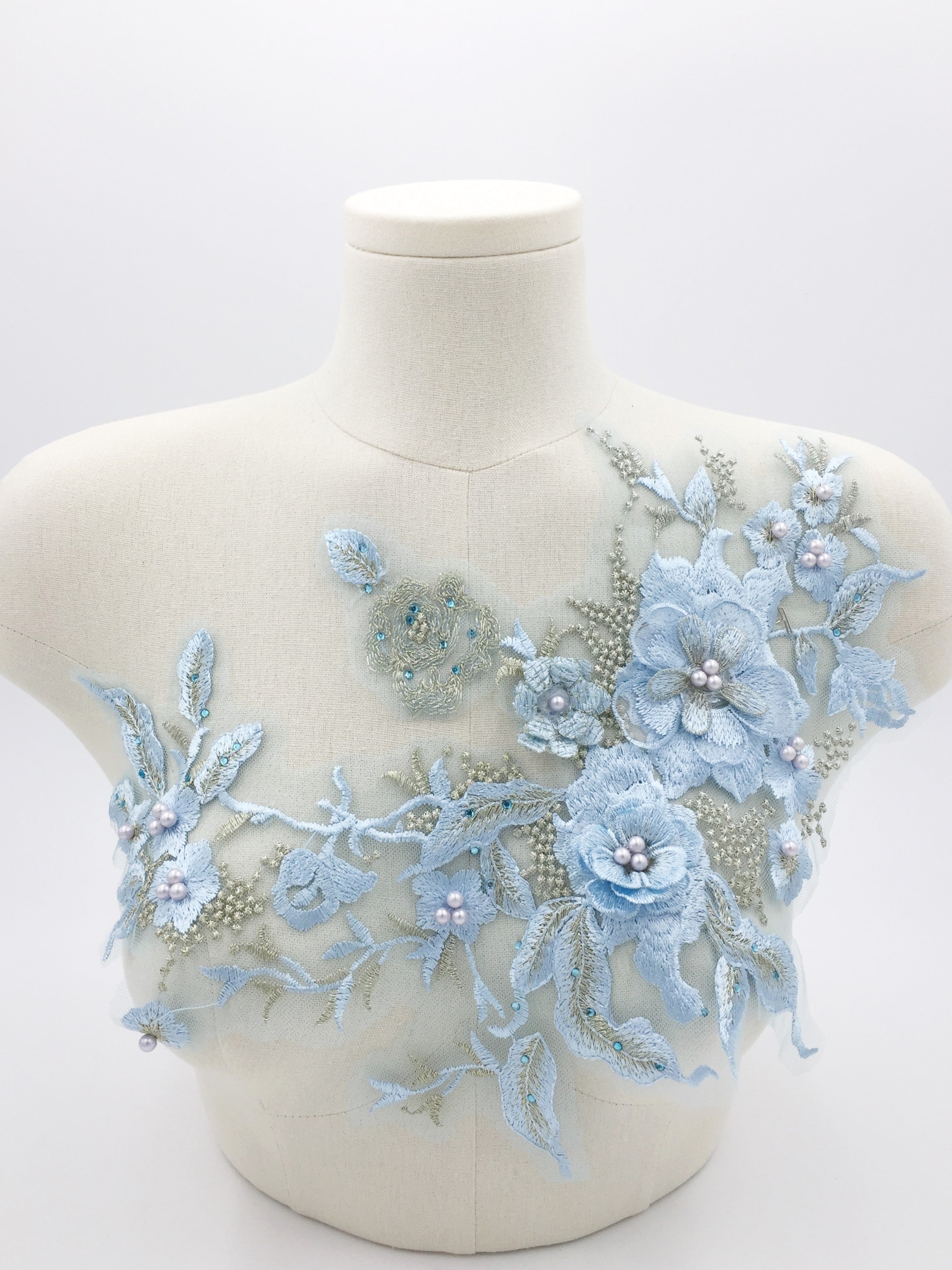 Light Blue 3d Flower Lace Applique, 33x28cm