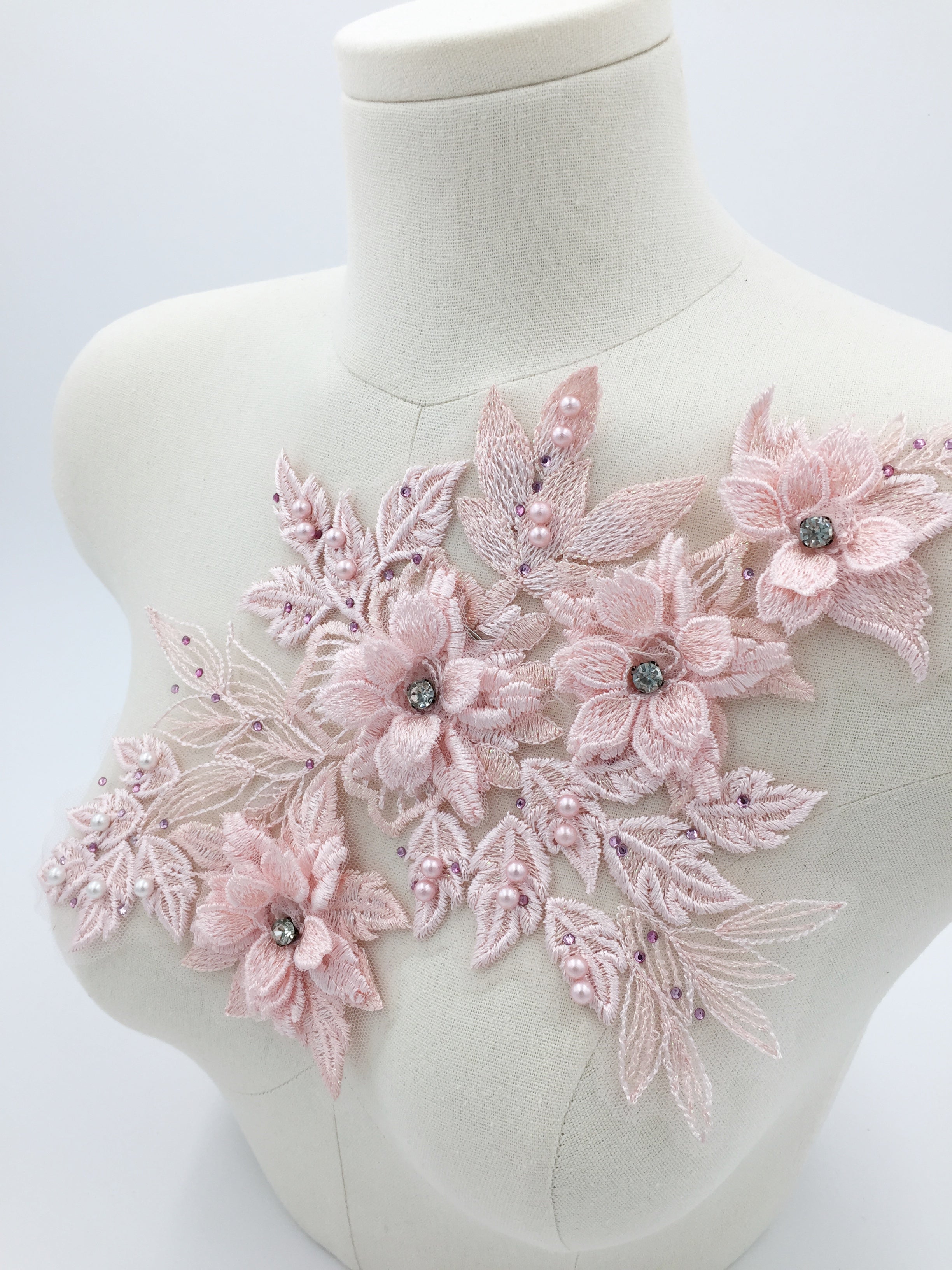 Pink 3d Flower Embroidery Lace Applique, 33x20cm