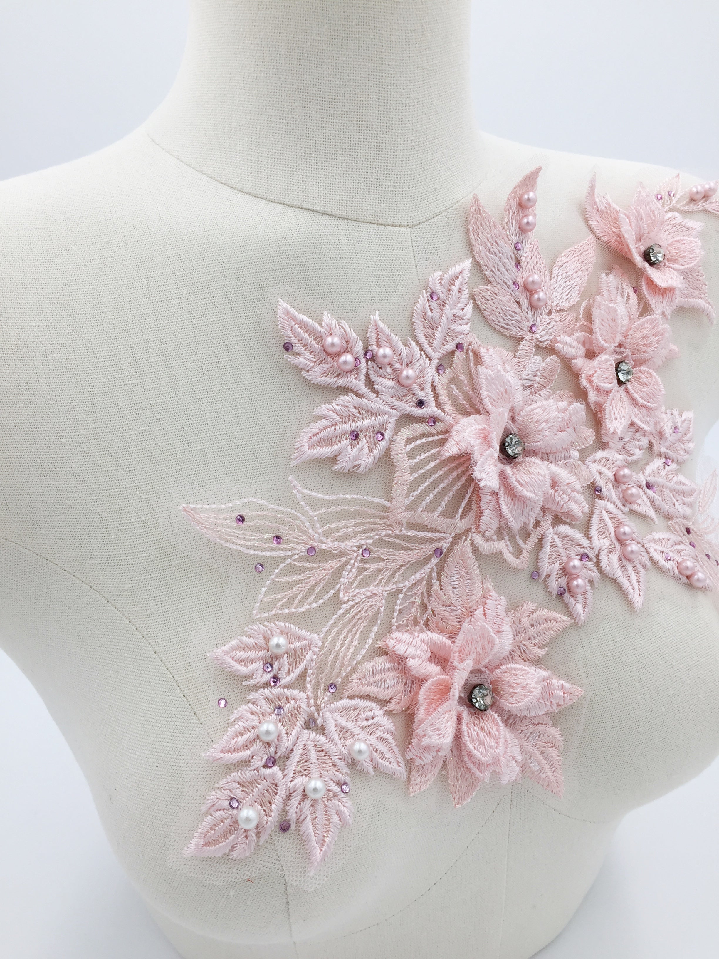 Pink 3d Flower Embroidery Lace Applique, 33x20cm