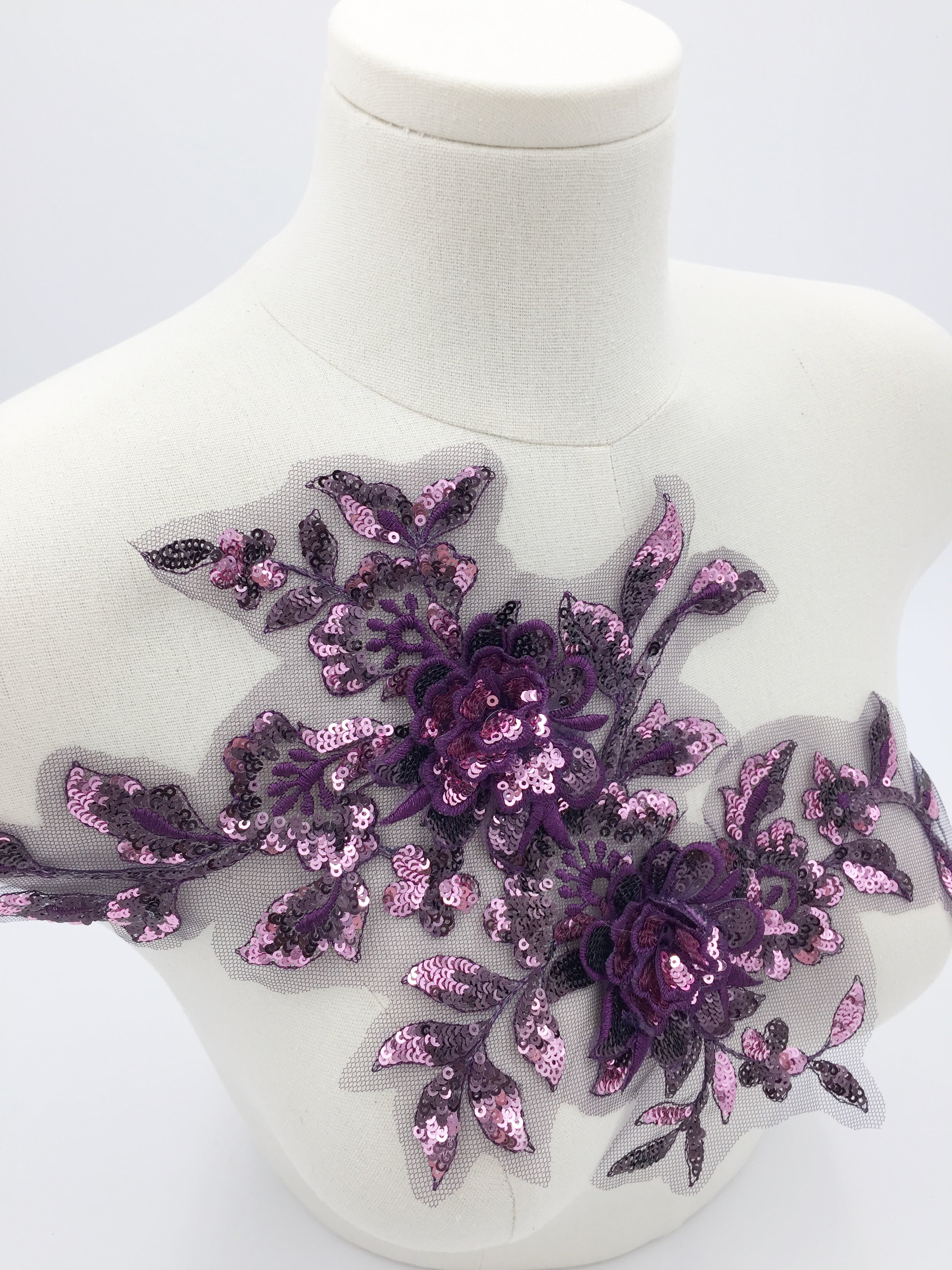Purple Sequin Beaded Lace Patch, 34x20cm