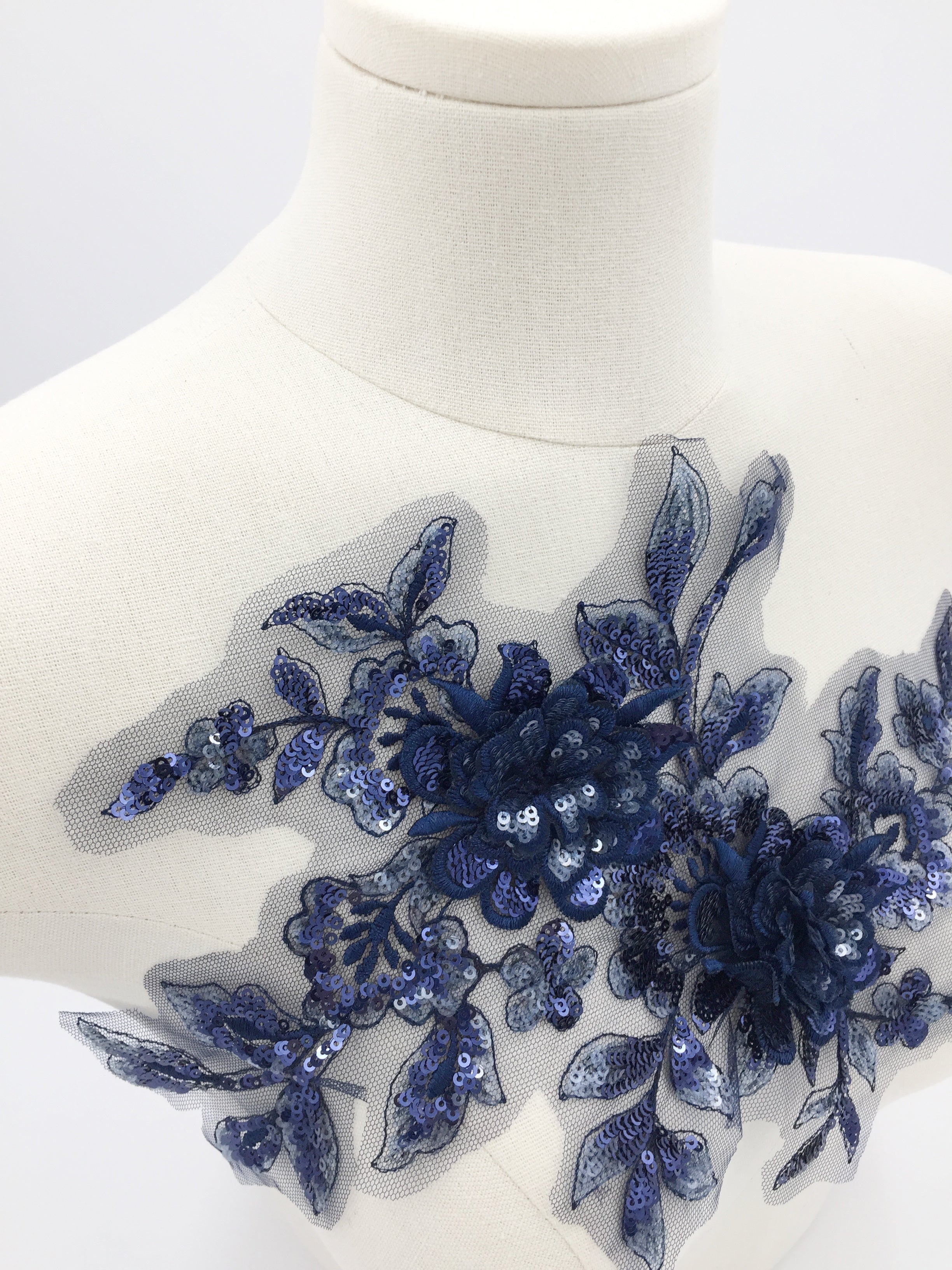 Navy Blue Sequin Beaded Lace Patch, 34x20cm