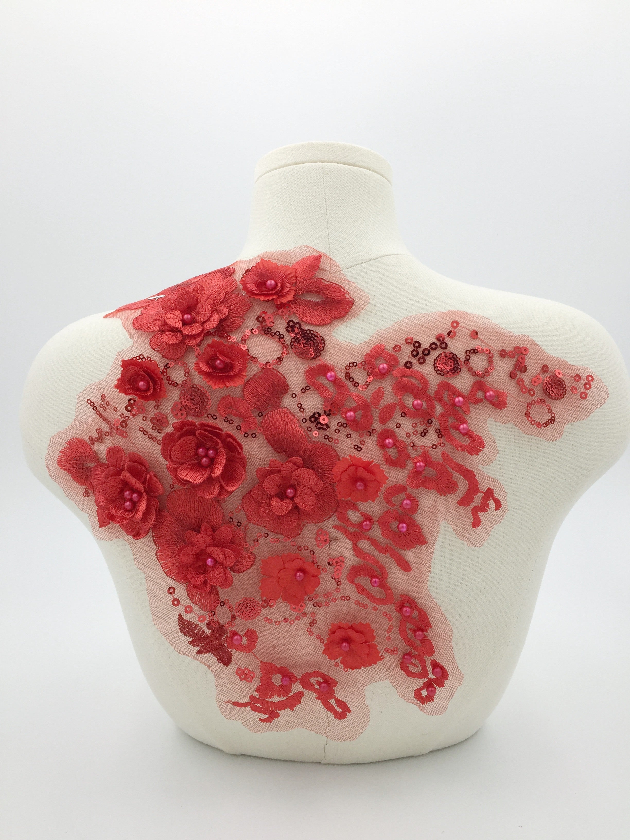 Red 3D Flowers Lace Applique, 34x34cm