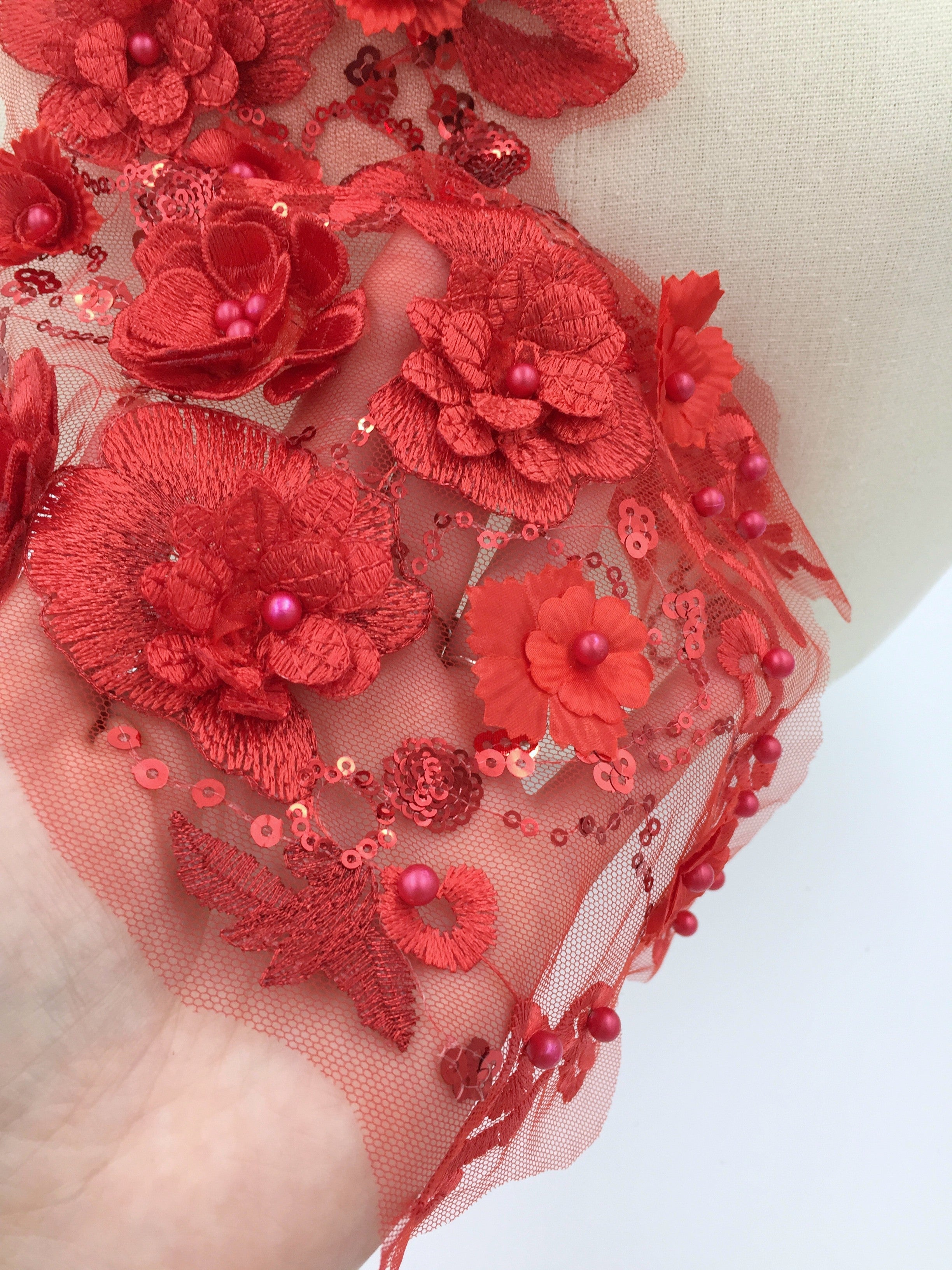 Red 3D Flowers Lace Applique, 34x34cm
