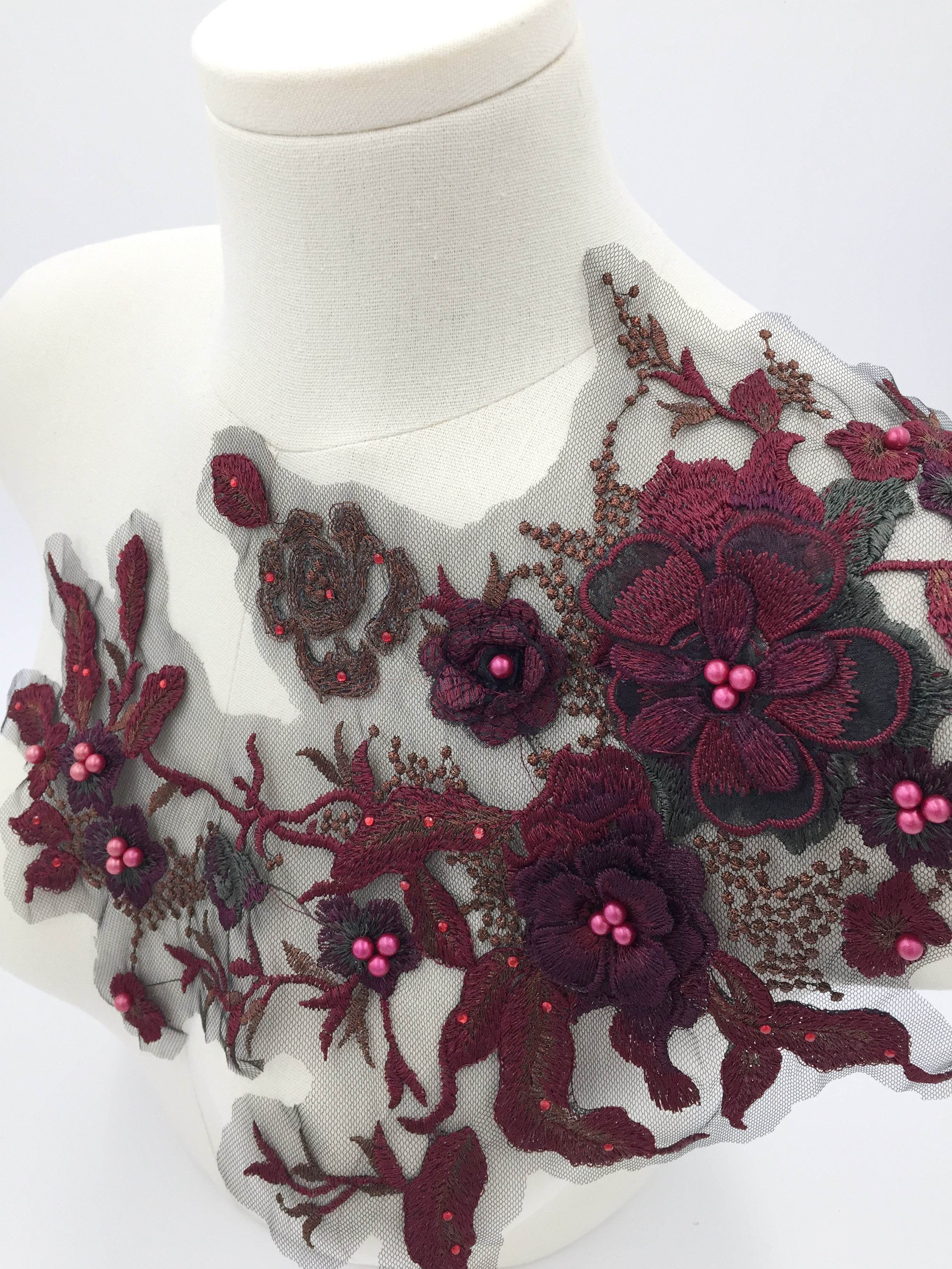 Burgundy 3d Flower Lace Applique, 33x28cm