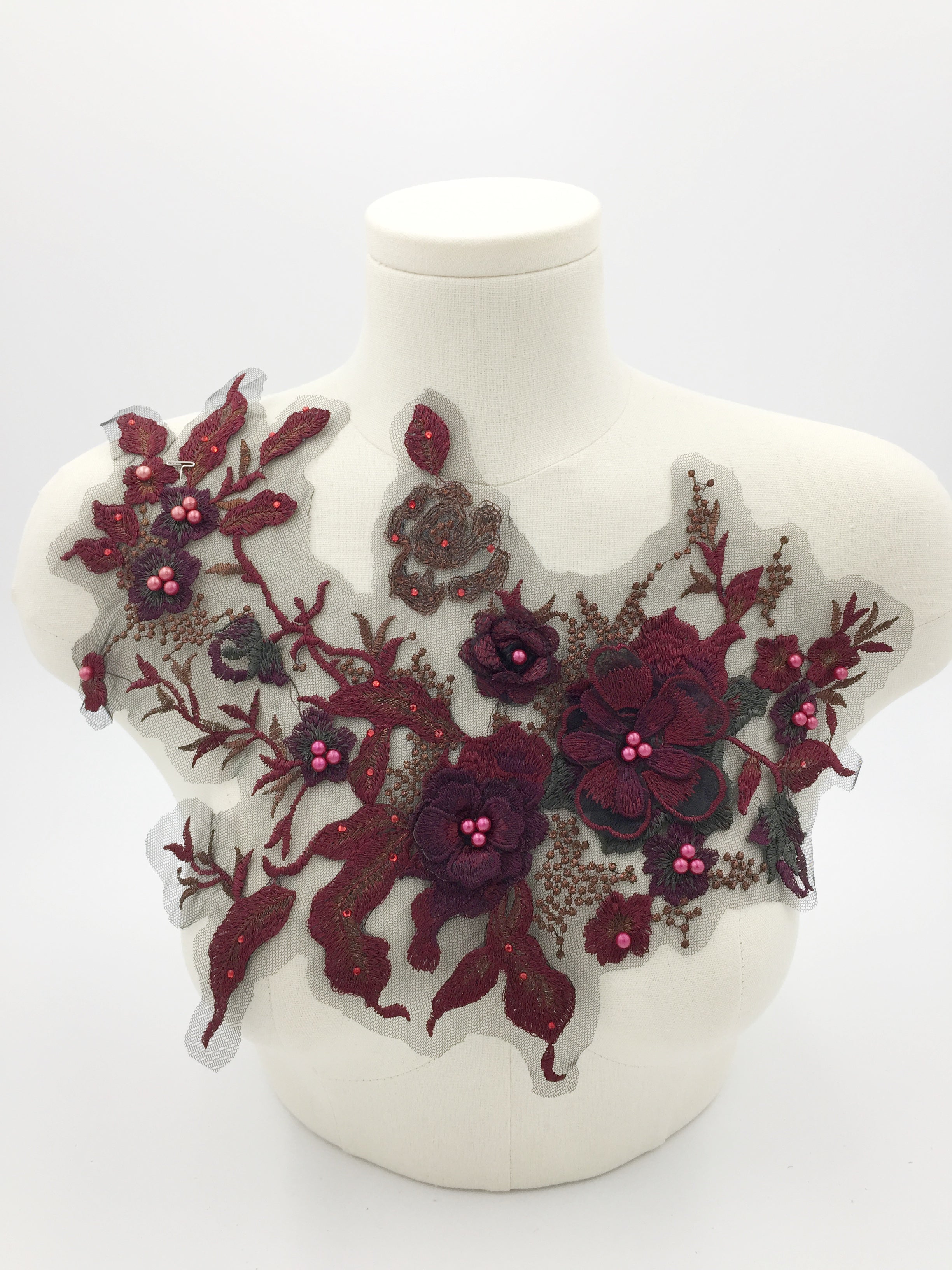Burgundy 3d Flower Lace Applique, 33x28cm