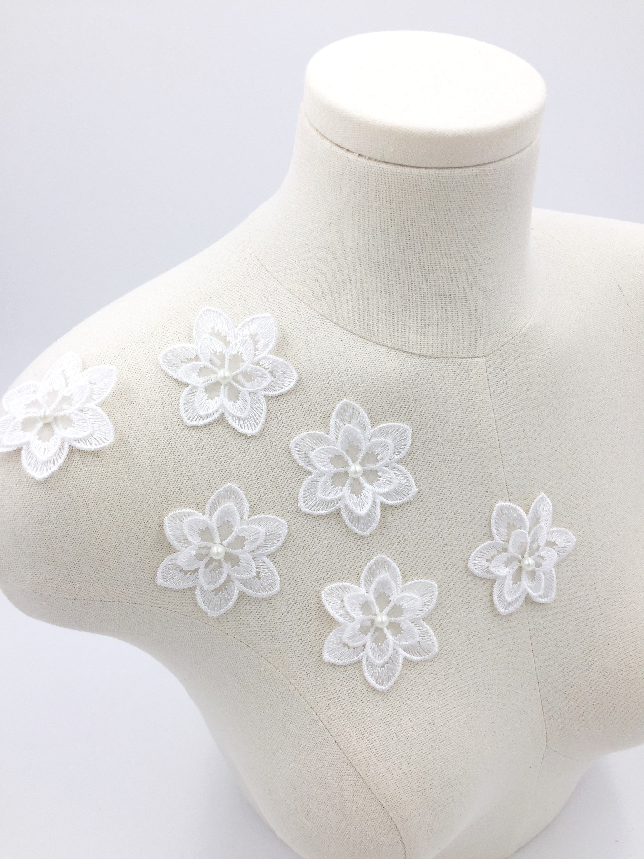 6 x White Embroidered Organza Flower Patches, 55mm