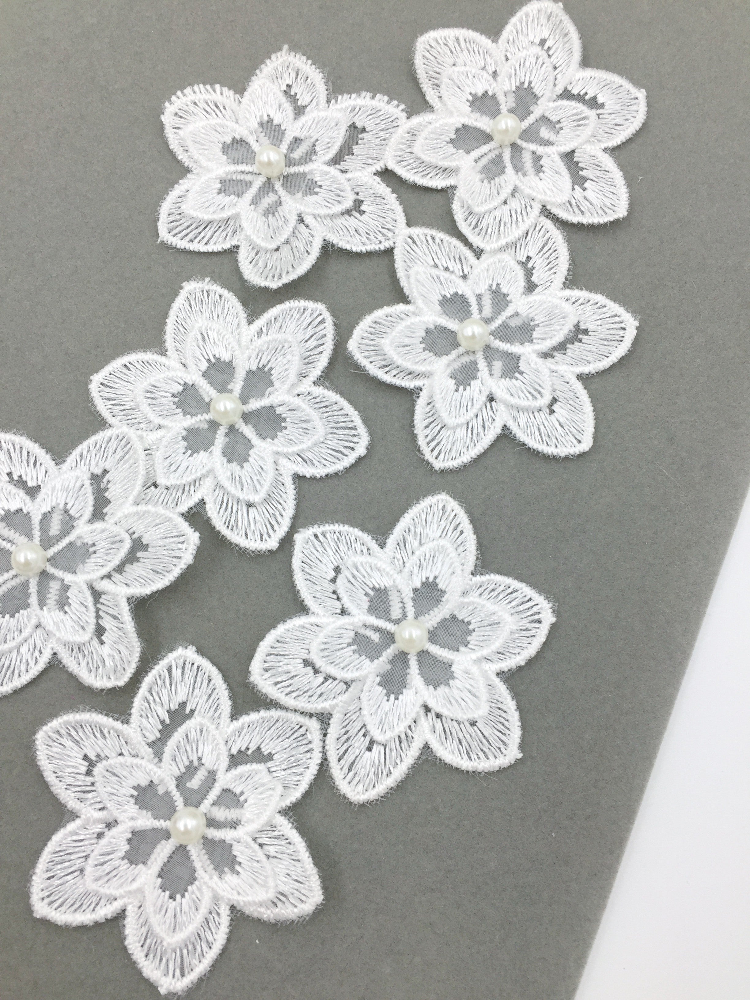 6 x White Embroidered Organza Flower Patches, 55mm